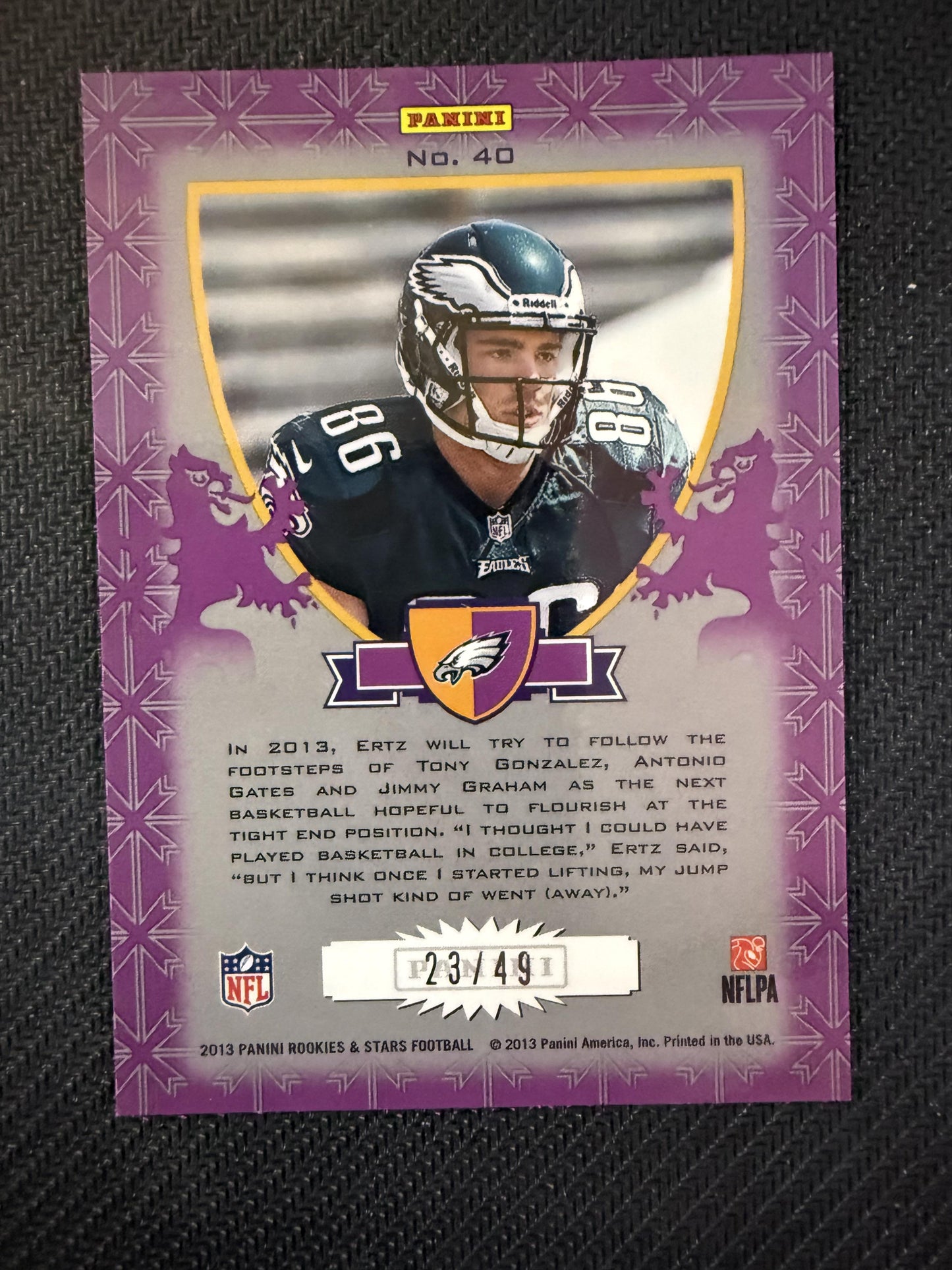 #40 Zach Ertz 2013 Panini Rookies & Stars SN #/49 Eagles Rookie Crusade Purple
