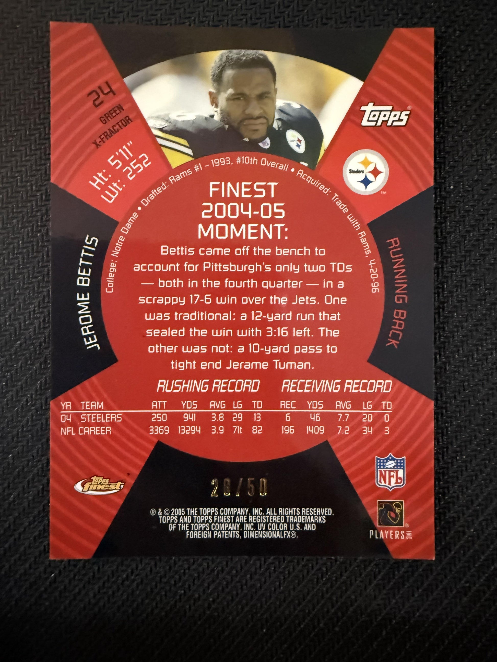 #24 Jerome Bettis 2005 Finest SN #/50 Pittsburgh Steelers sports Green Xfractors