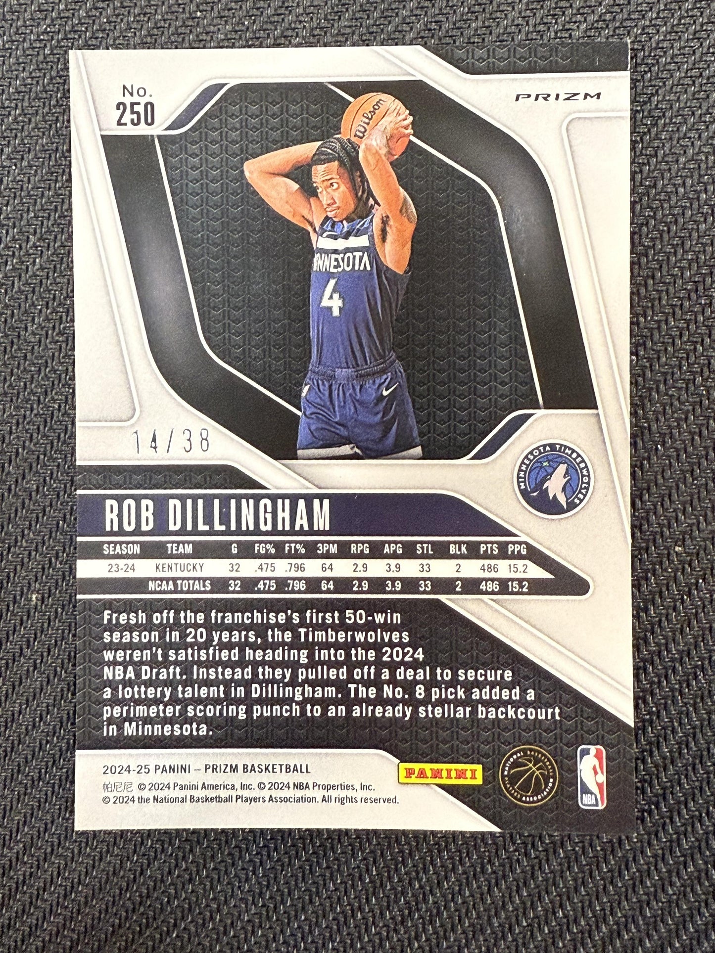 #250 Rob Dillingham 2024-25 Panini Prizm SN #/38 Timberwolves White Wave