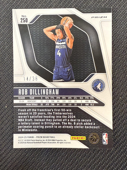 #250 Rob Dillingham 2024-25 Panini Prizm SN #/38 Timberwolves White Wave