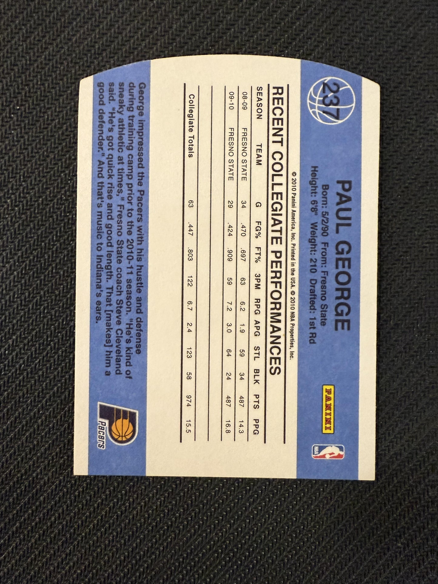 #237 Paul George 2010-11 Donruss RC Rookie Indiana Pacers Die Cuts Emerald