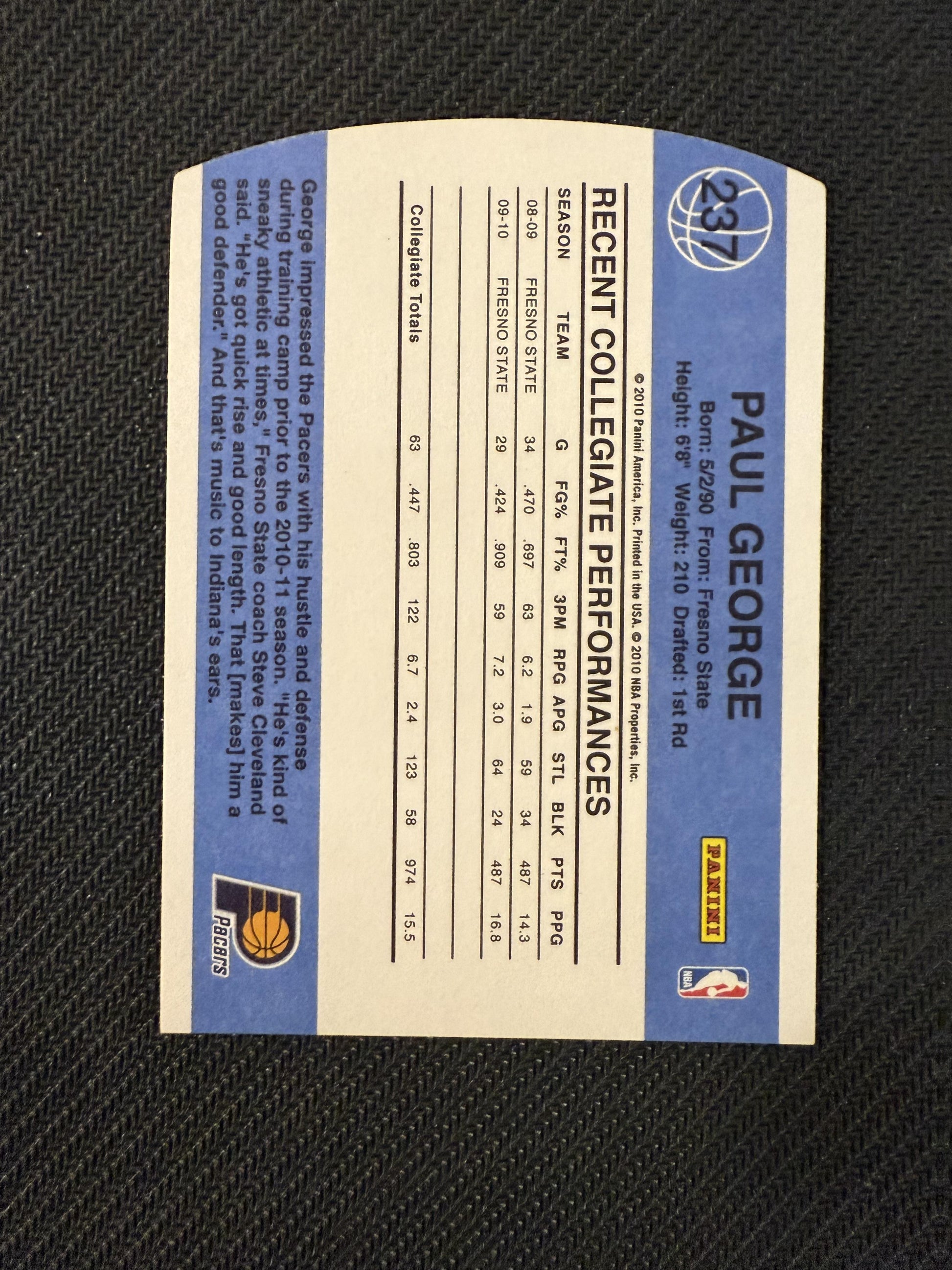 #237 Paul George 2010-11 Donruss RC Rookie Indiana Pacers Die Cuts Emerald
