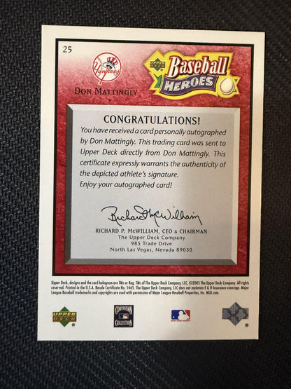 #25 Don Mattingly 2005 Upper Deck Baseball Heroes SN,AU Auto #/49 Yankees Red
