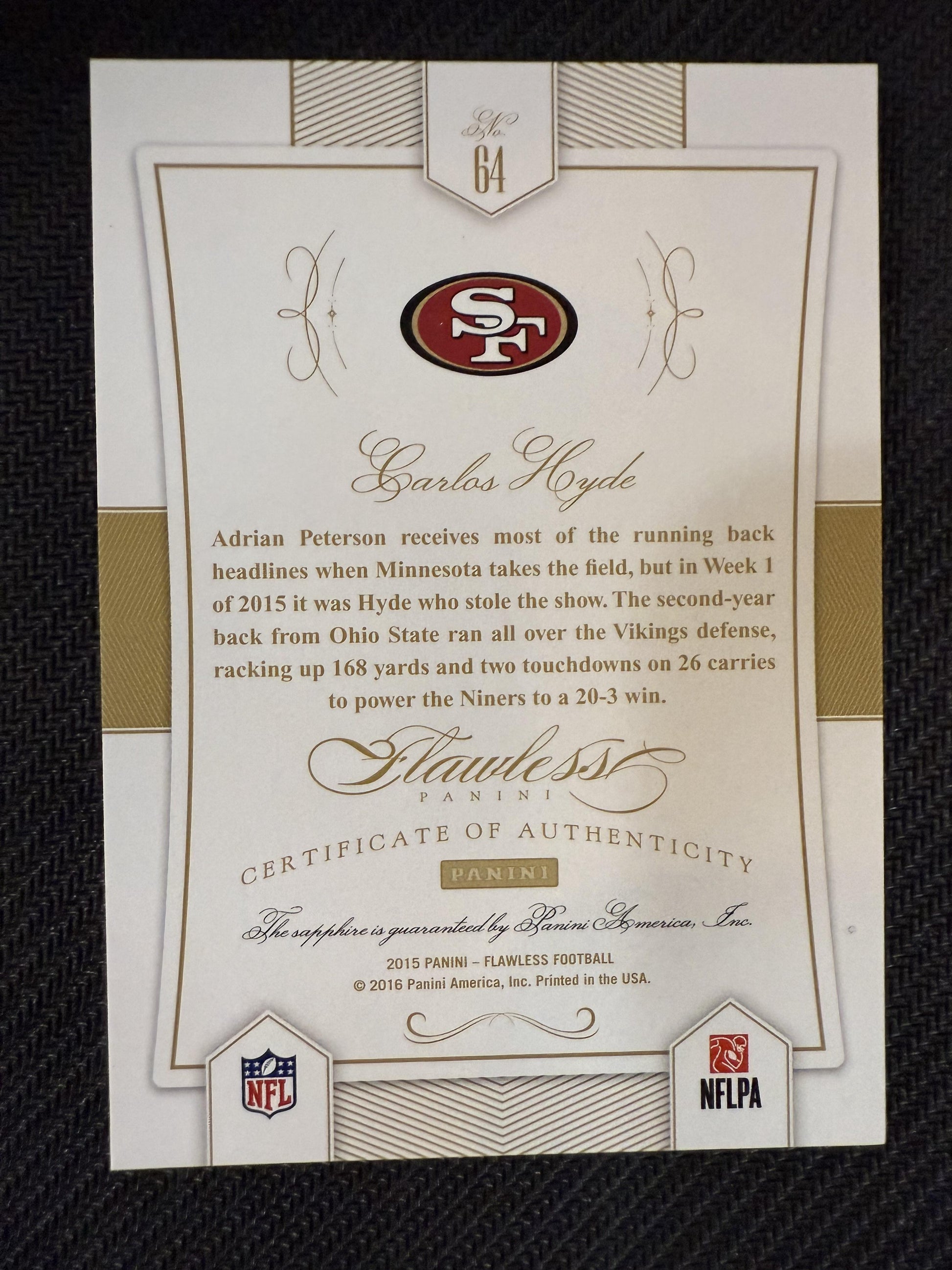 #64 Carlos Hyde 2015 Panini Flawless SN #/10 San Francisco 49ers sports Sapphire