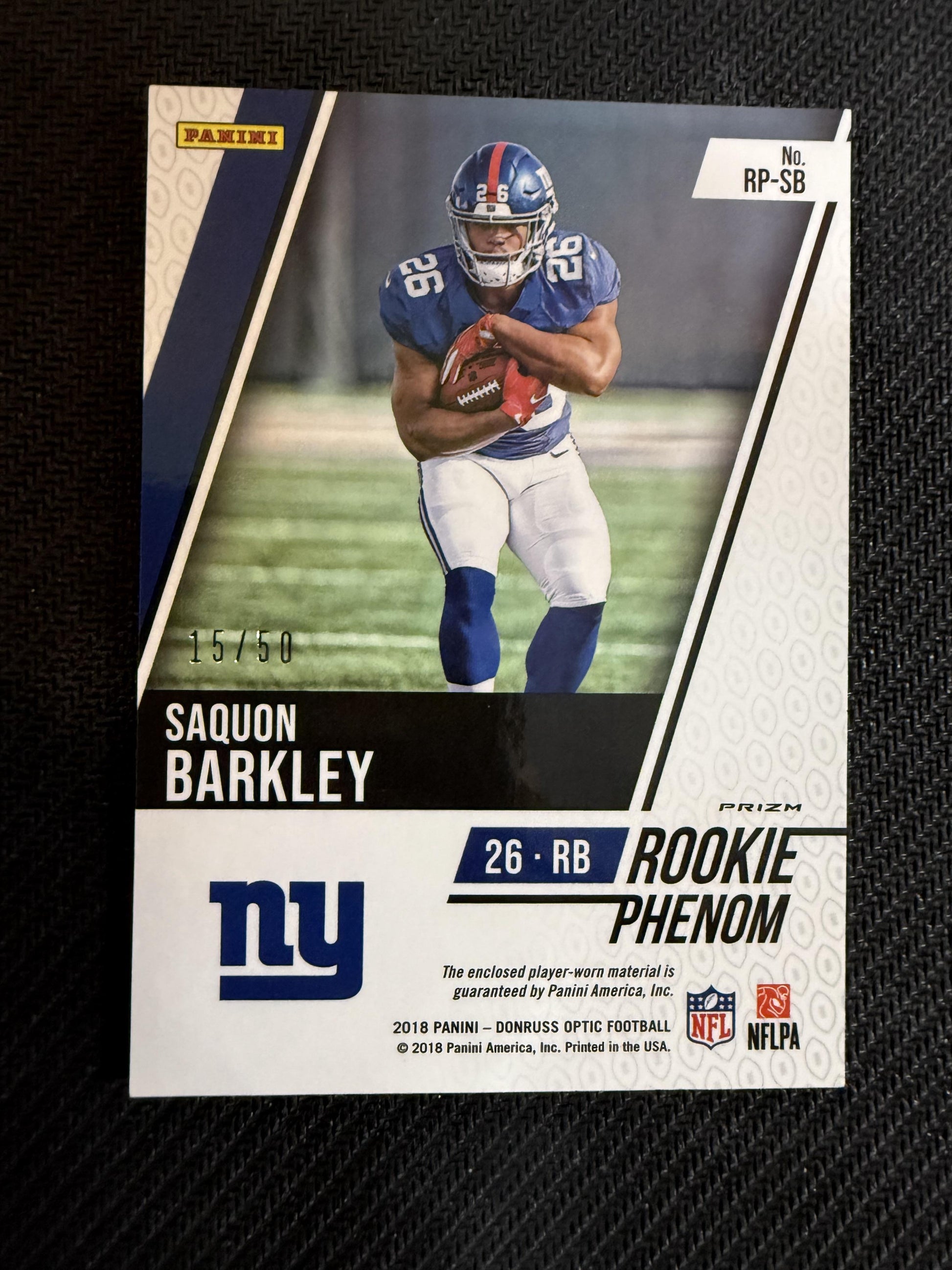 #RP-SB Saquon Barkley 2018 Donruss Optic SN,MEM #/50 Giants Rookie Phenoms Prime