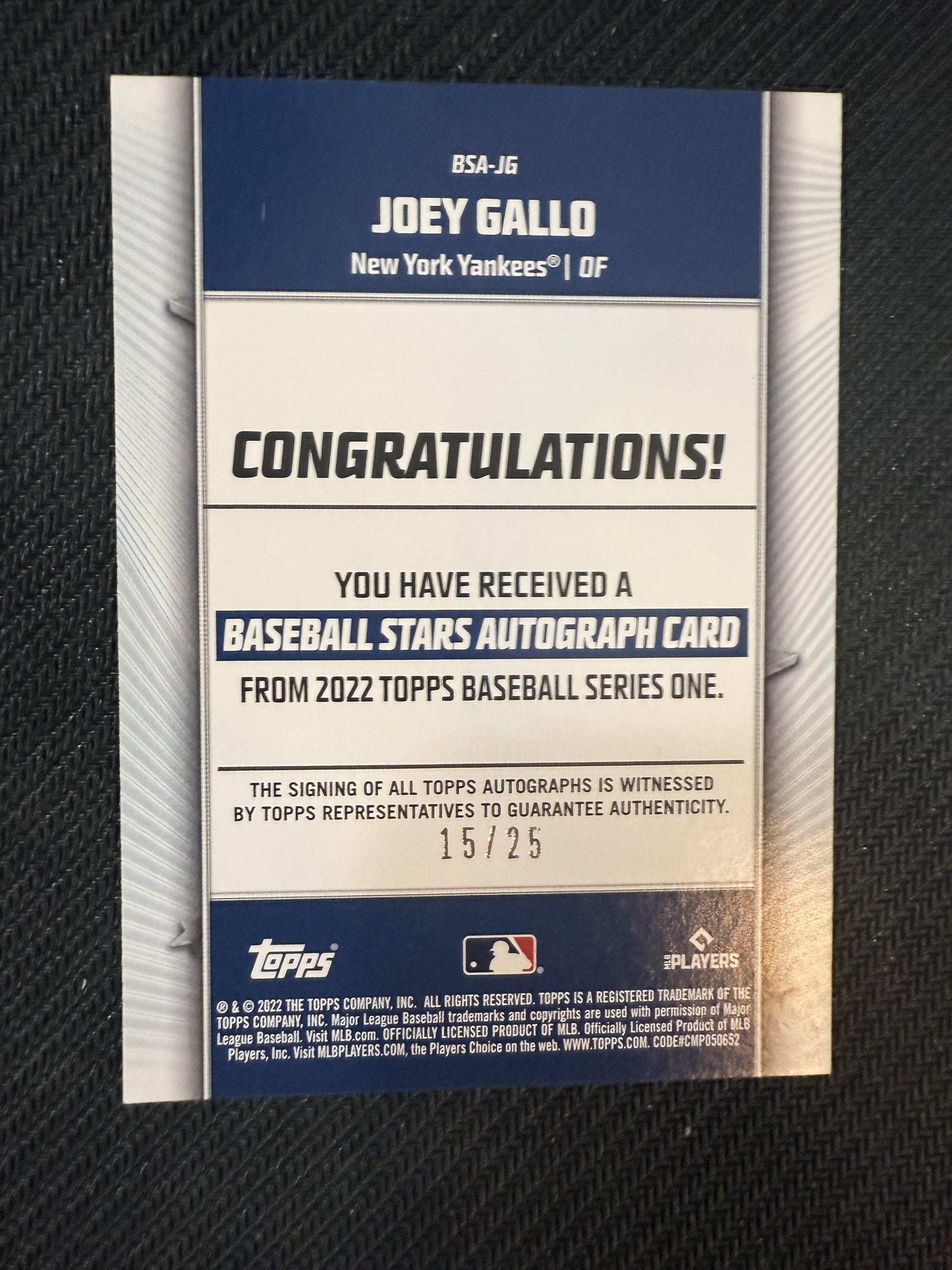 #BSA-JG Joey Gallo 2022 Topps SN,AU Auto #/25 Yankees Baseball Stars Red