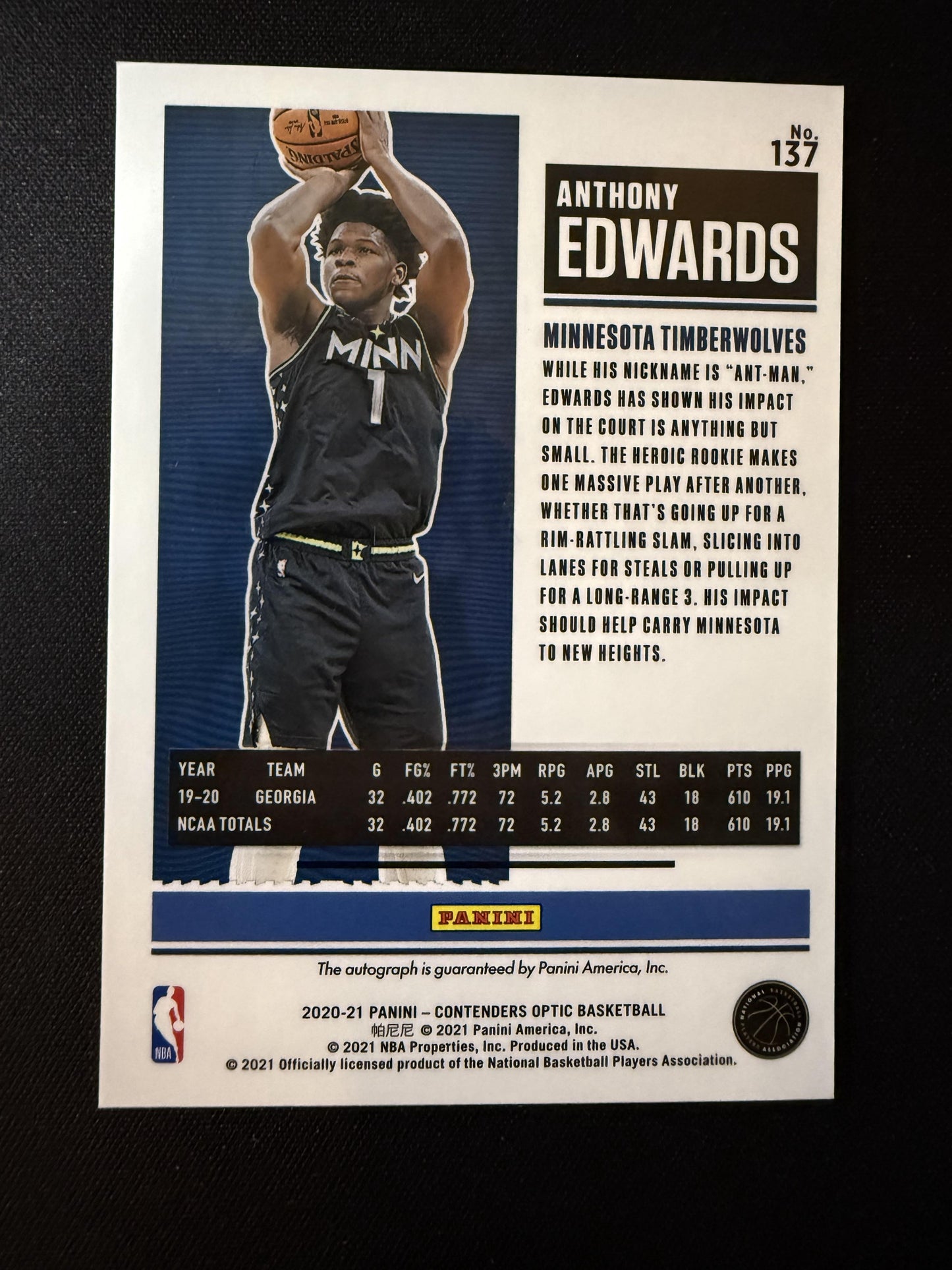 #137a Anthony Edwards 2020-21 Panini Contenders Optic Auto Timberwolves