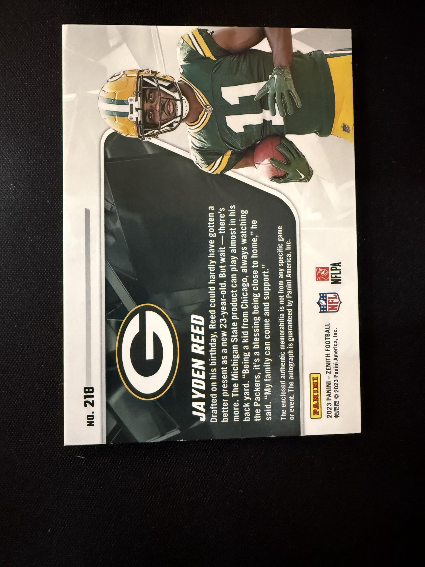 #218 Jayden Reed 2023 Panini Zenith SN,RC,MEM,AU Rookie Auto #/299 Packers