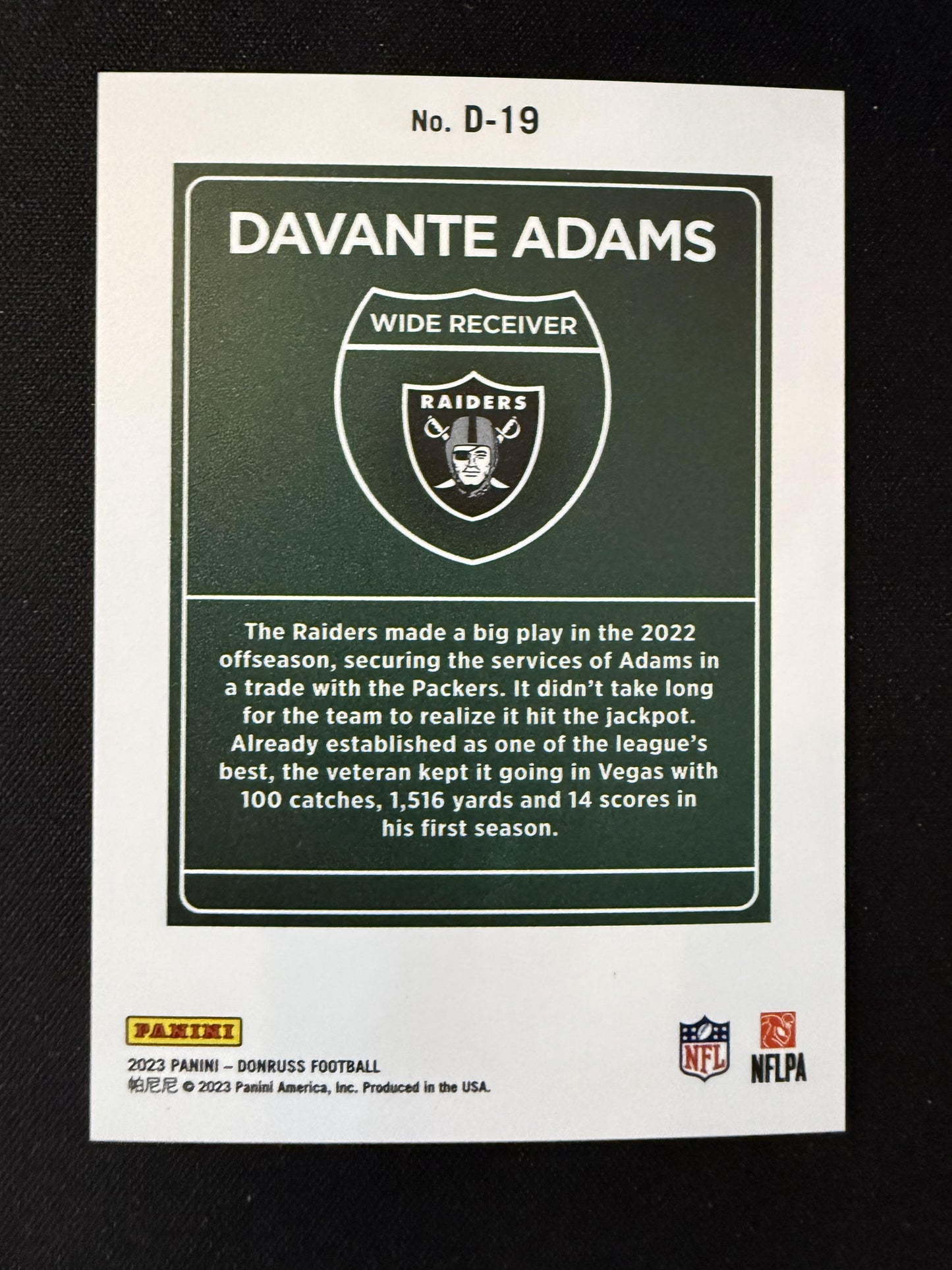 #D-19 Davante Adams 2023 Donruss Las Vegas Raiders sports Downtown!