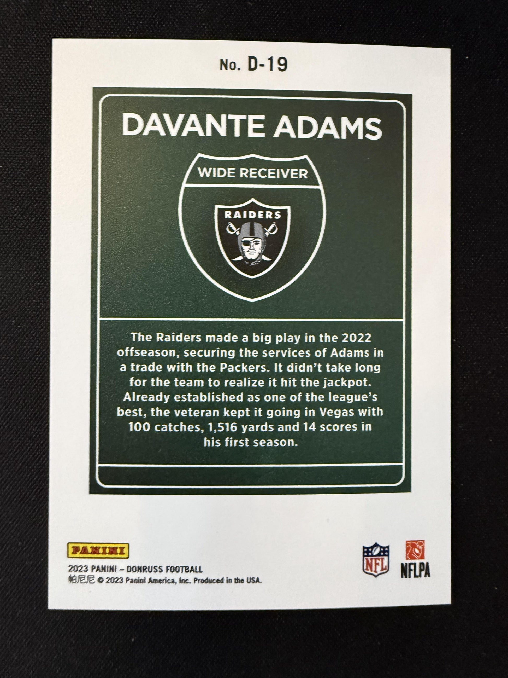 #D-19 Davante Adams 2023 Donruss Las Vegas Raiders sports Downtown!