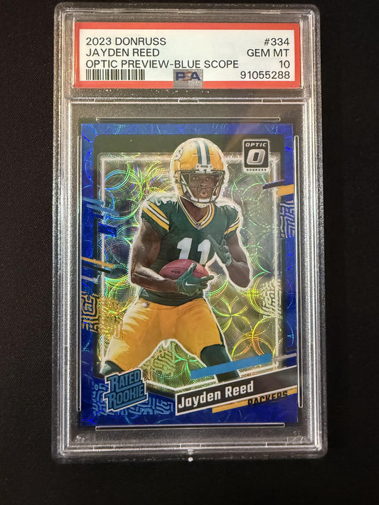 #334 Jayden Reed 2023 Donruss RC Rookie Green Bay Packers Optic Blue Scope Prizm