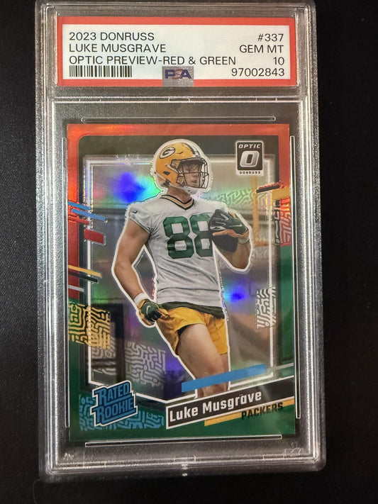 #337 Luke Musgrave 2023 Donruss RC Rookie Packers Optic Red & Green Prizm