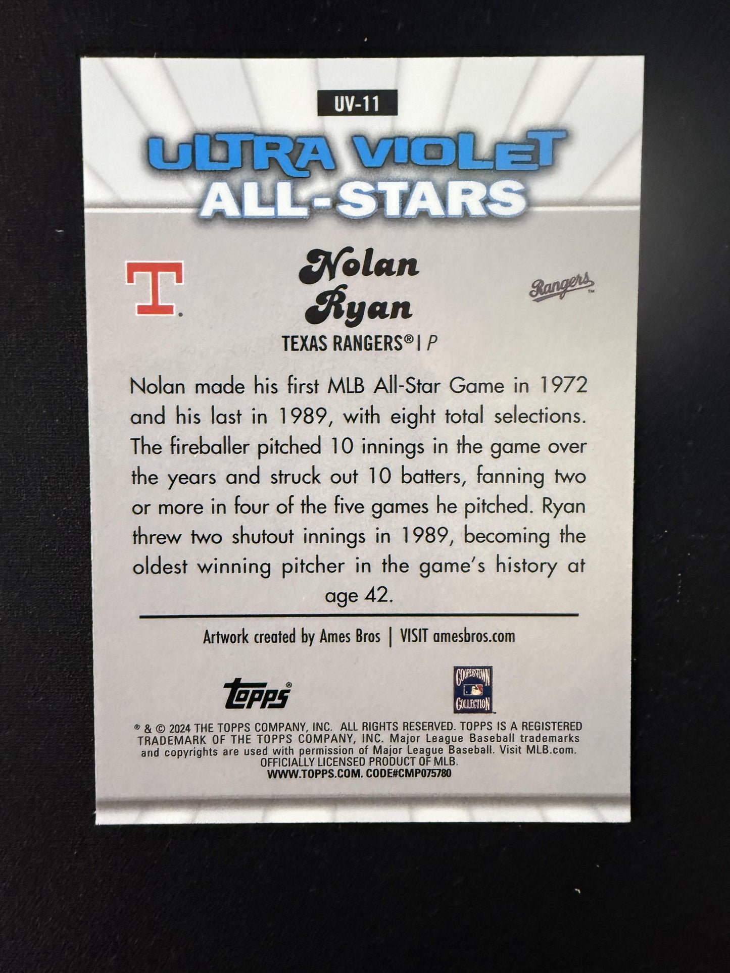 #UV-11 Nolan Ryan 2024 Topps Chrome Texas Rangers sports Ultraviolet All-Stars