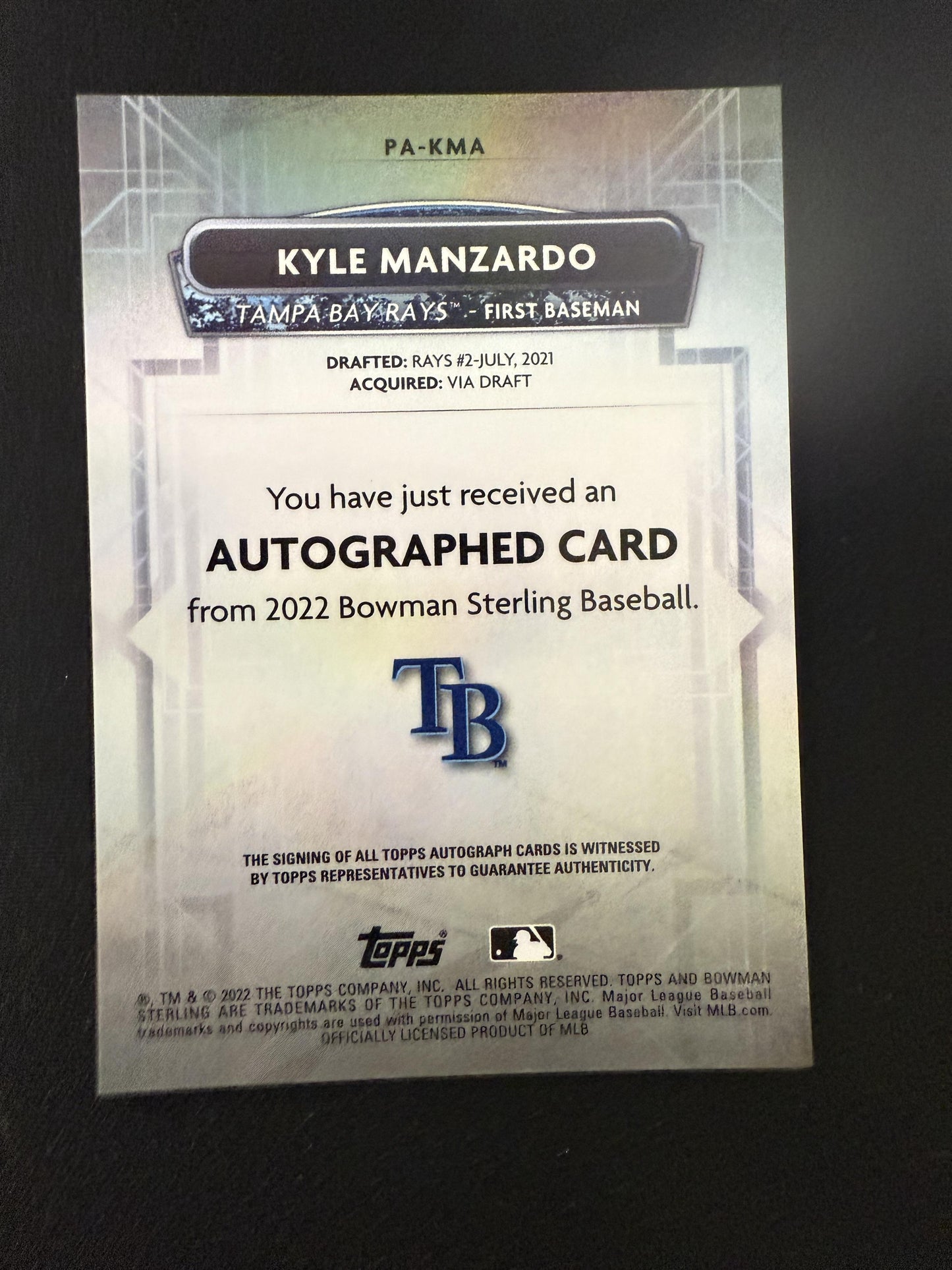#PA-KMA Kyle Manzardo 2022 Bowman Sterling Auto /15 Rays Rose Gold Refractor