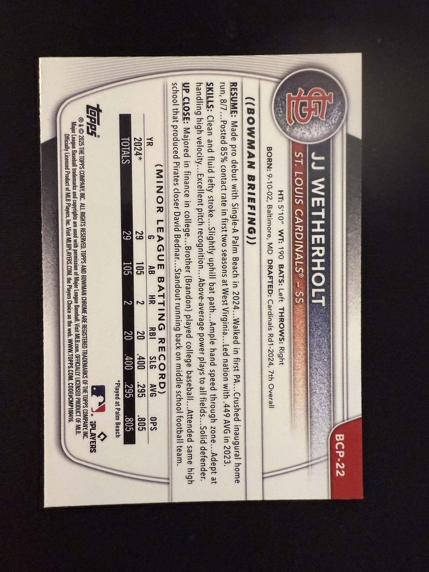 #BCP-22 JJ Wetherholt 2025 Bowman St. Louis Cardinals X-Fractor