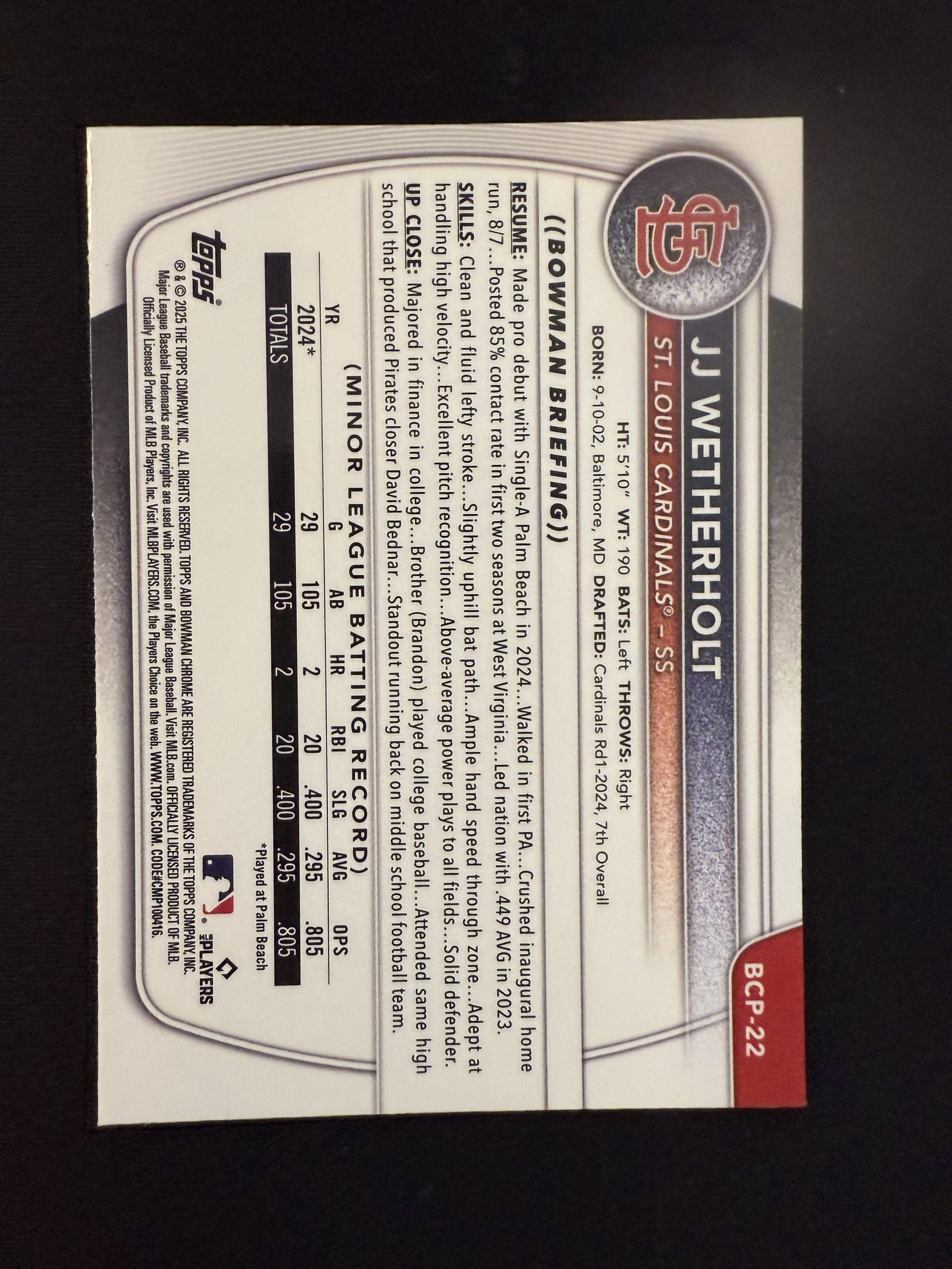 #BCP-22 JJ Wetherholt 2025 Bowman St. Louis Cardinals X-Fractor