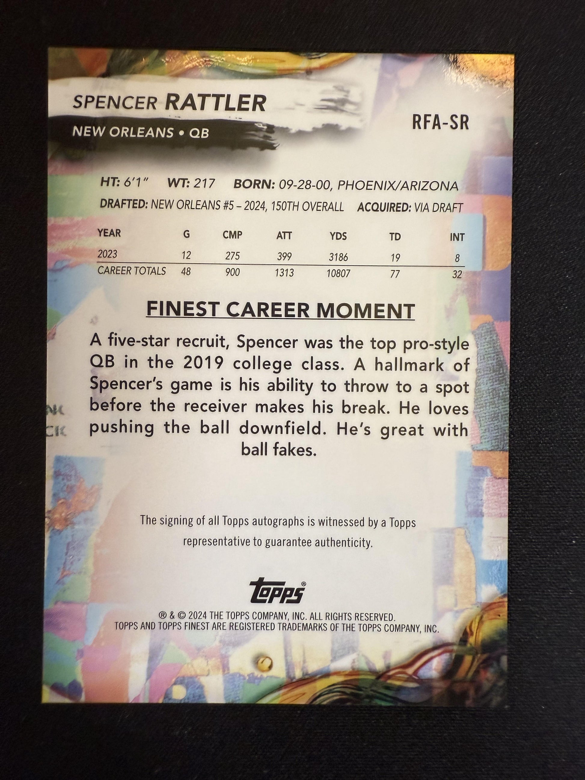#RFA-SR Spencer Rattler 2024 Finest SN,AU Auto /50 Saints Gold Geometric