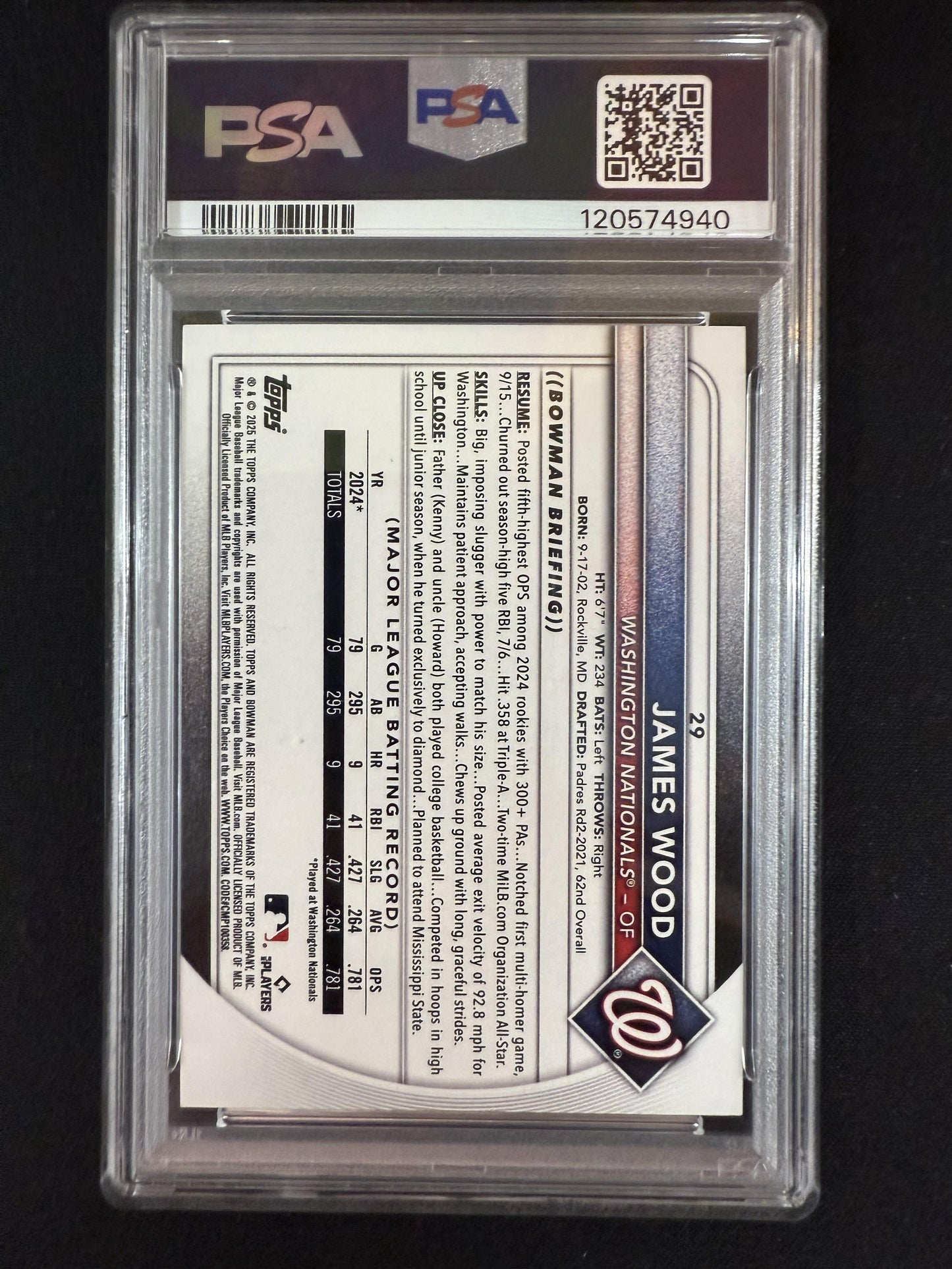#29 James Wood 2025 Bowman RC Rookie Nationals Retro Logo Foil Pattern