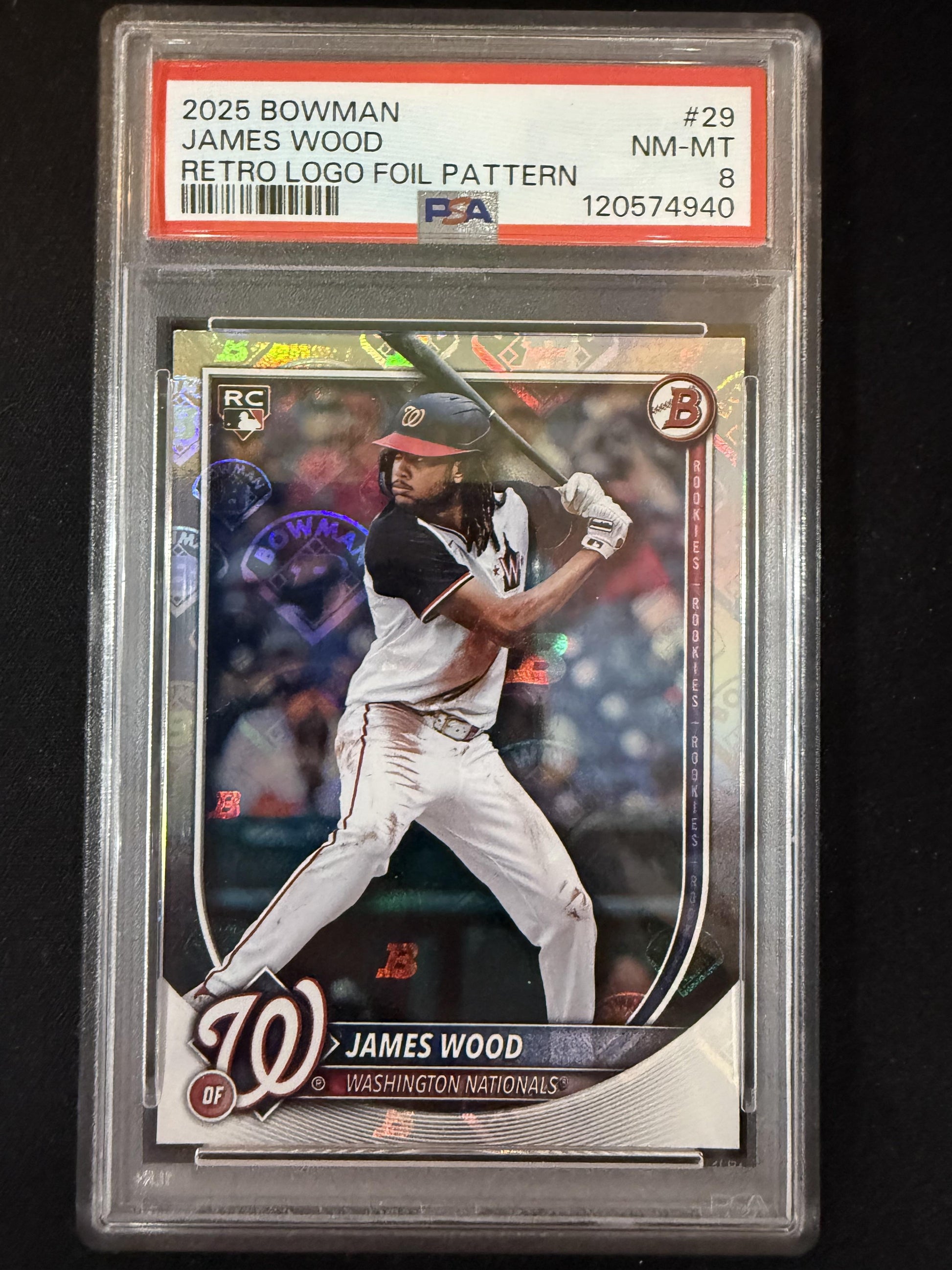 #29 James Wood 2025 Bowman RC Rookie Nationals Retro Logo Foil Pattern