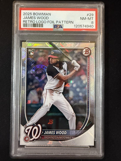 #29 James Wood 2025 Bowman RC Rookie Nationals Retro Logo Foil Pattern
