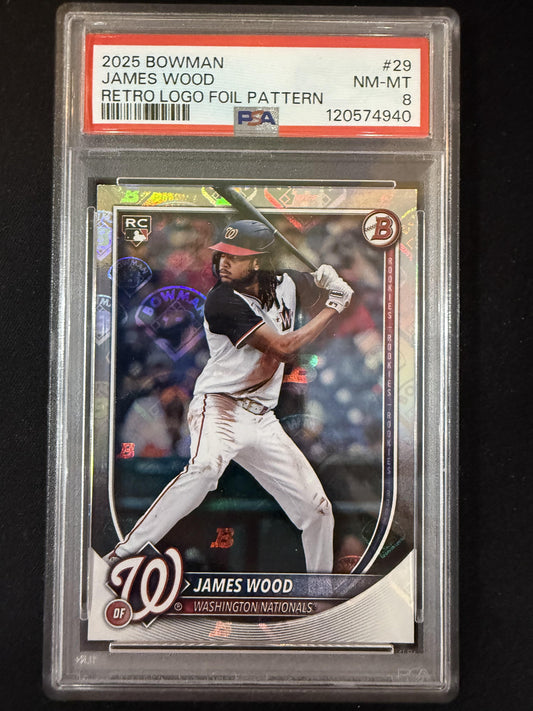 #29 James Wood 2025 Bowman RC Rookie Nationals Retro Logo Foil Pattern