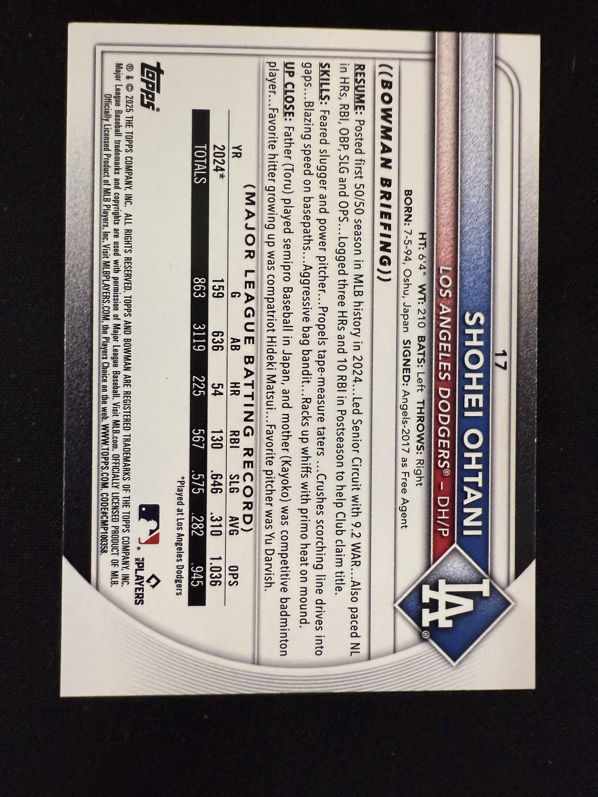 #17 Shohei Ohtani 2025 Bowman SN #/299 Los Angeles Dodgers sports Fuchsia