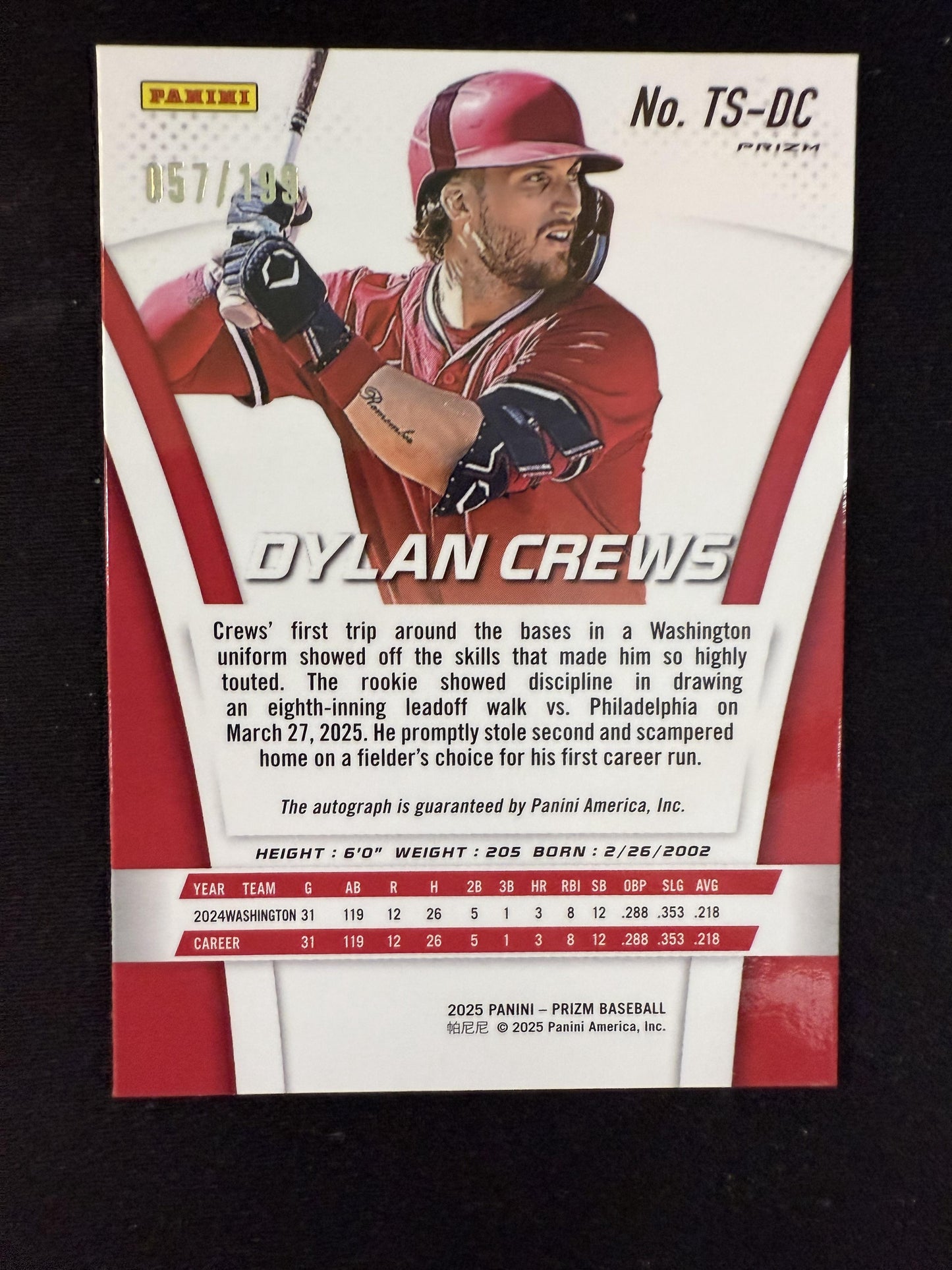 #73 Dylan Crews 2025 Panini Prizm SN Washington Nationals sports PULSAR