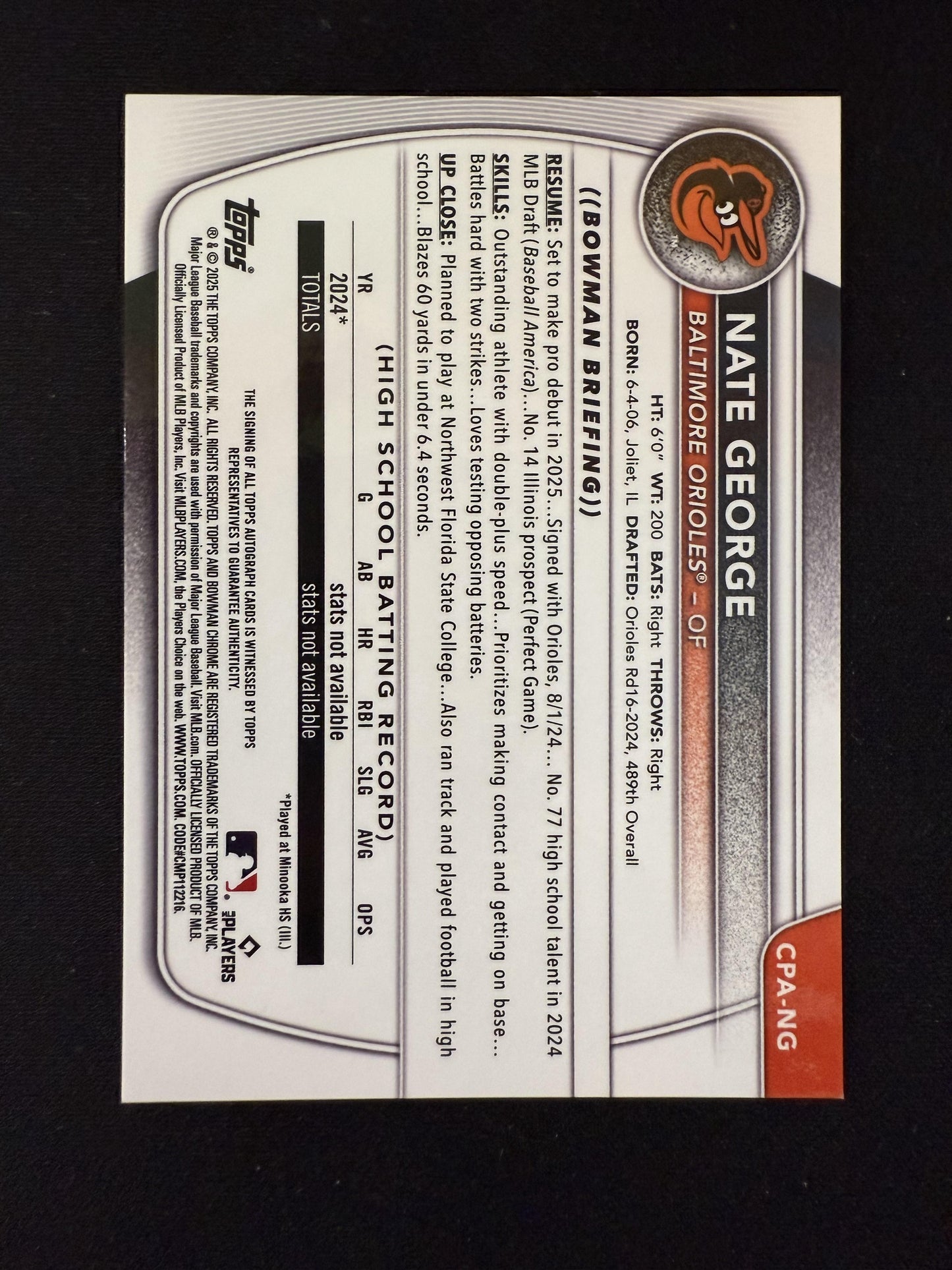 #CPA Nate George 2025 Bowman Chrome SN Orioles Blue Wave AutoNG