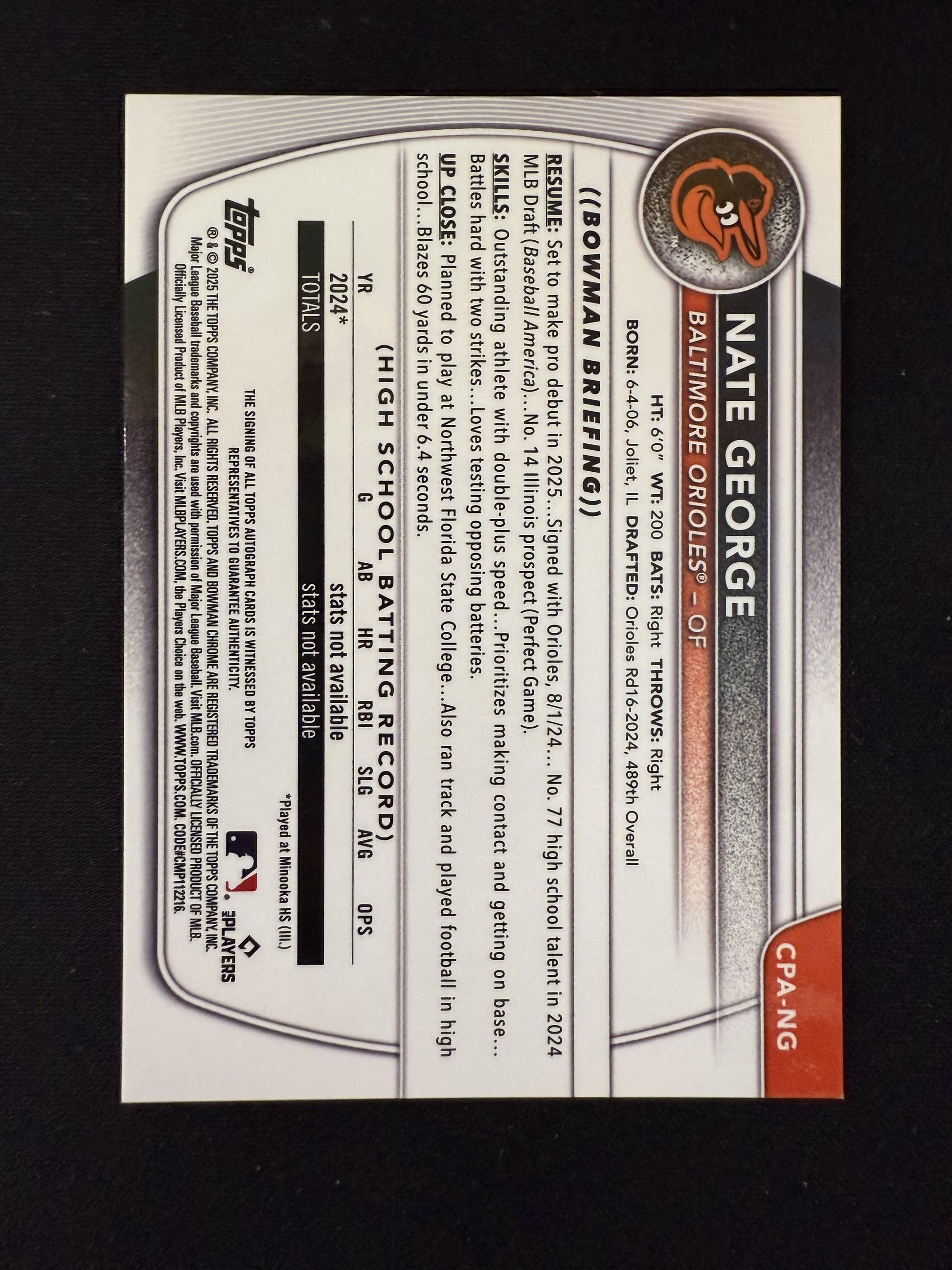 #CPA Nate George 2025 Bowman Chrome SN Orioles Blue Wave AutoNG