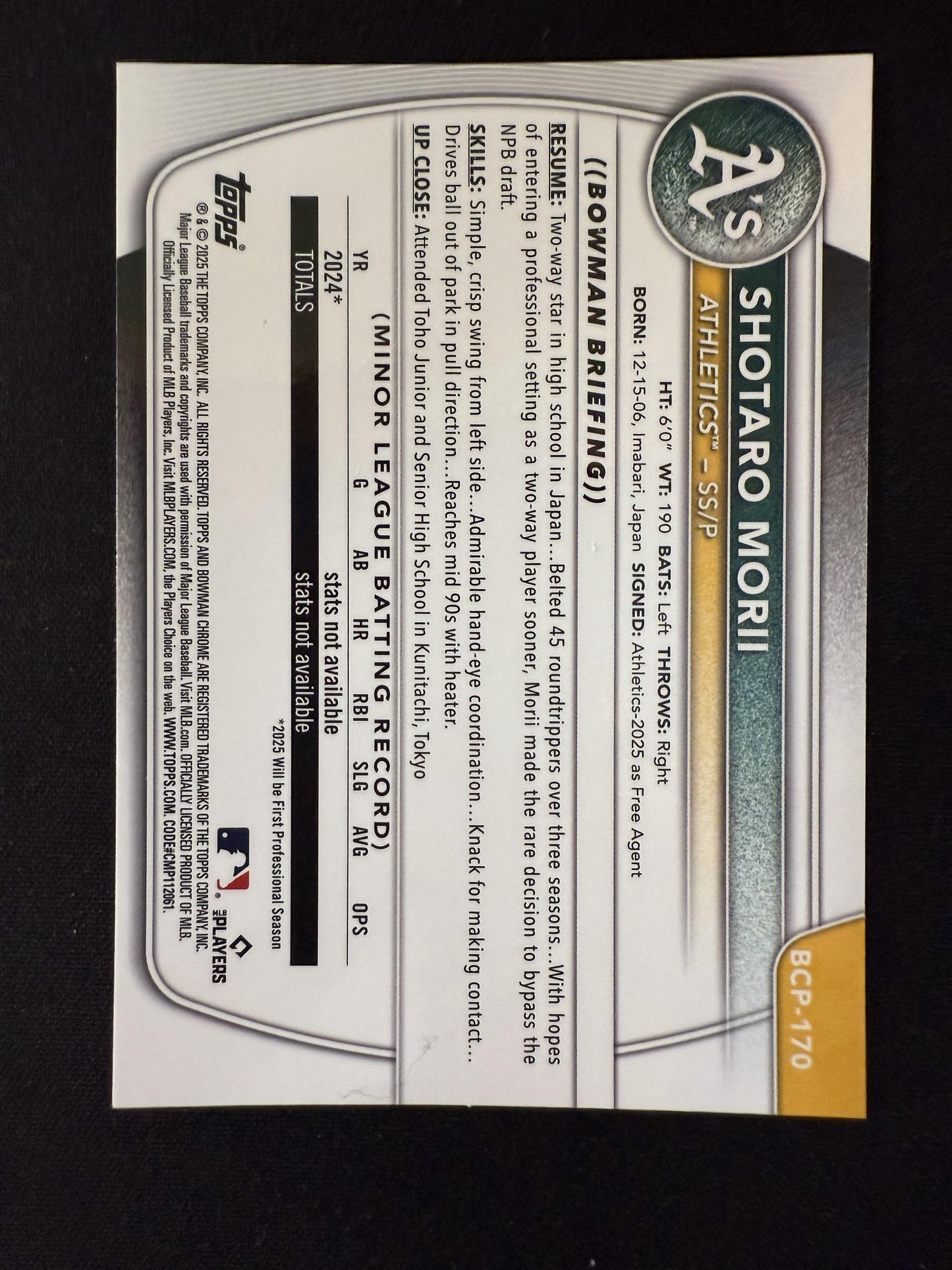 #BCP-170 SHOTARO MORII 2025 BOWMAN CHROME YELLOW GEOMETRIC REFRACTOR /75