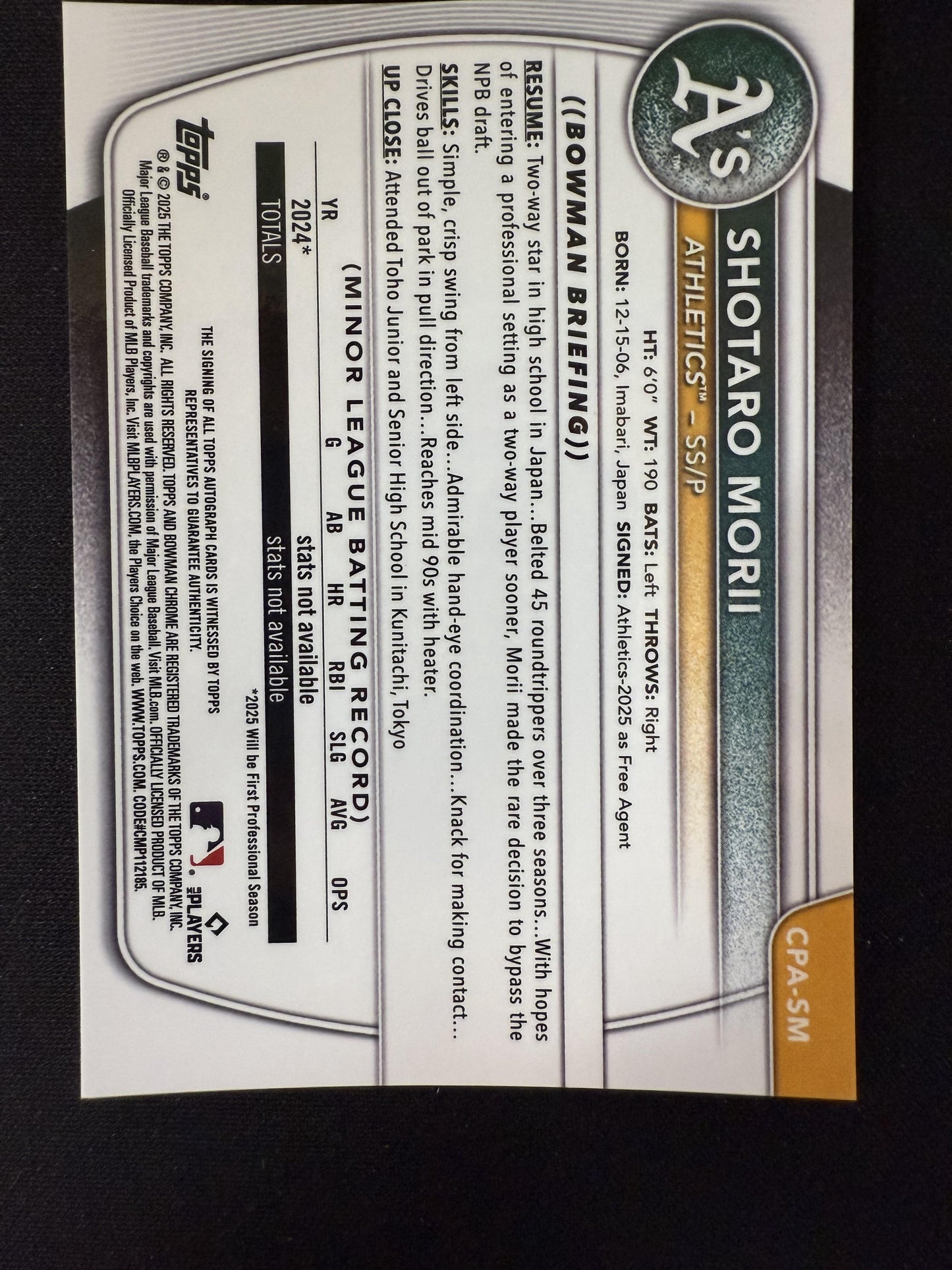 #CPA-SM SHOTARO MORII 2025 BOWMAN CHROME PROSPECT AUTORAPH