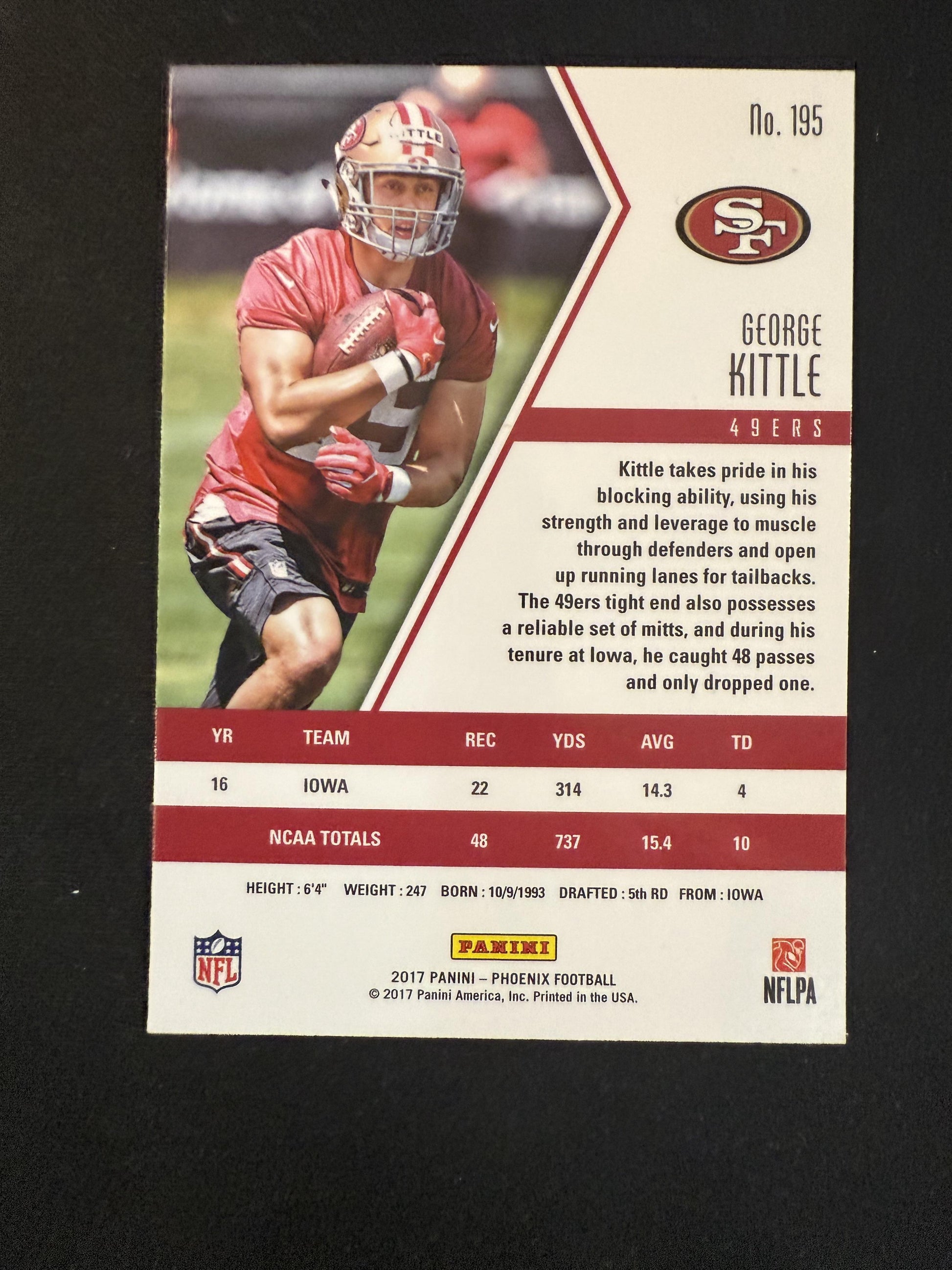 #195 George Kittle 2017 Panini Phoenix RC Rookie San Francisco 49ers sports