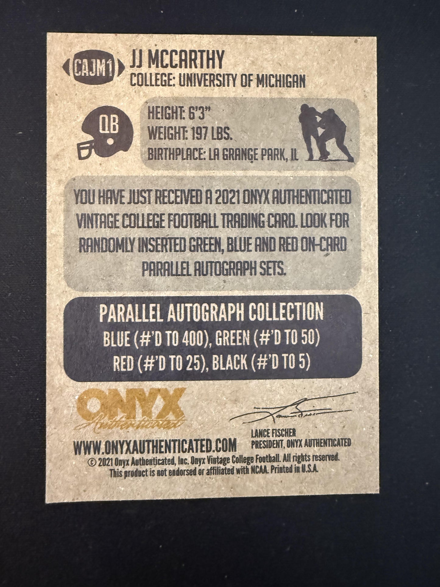 #CAJM1 JJ McCarthy 2021 Onyx Vintage Auto Wolverines Blue Signatures