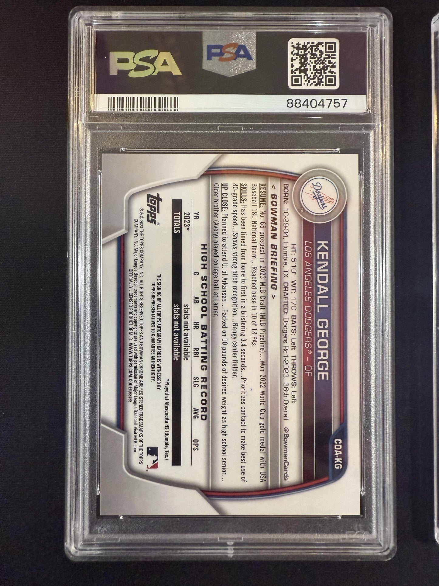 #CDA-KG Kendall George 2023 Bowman Draft Dodgers Chrome Autographs