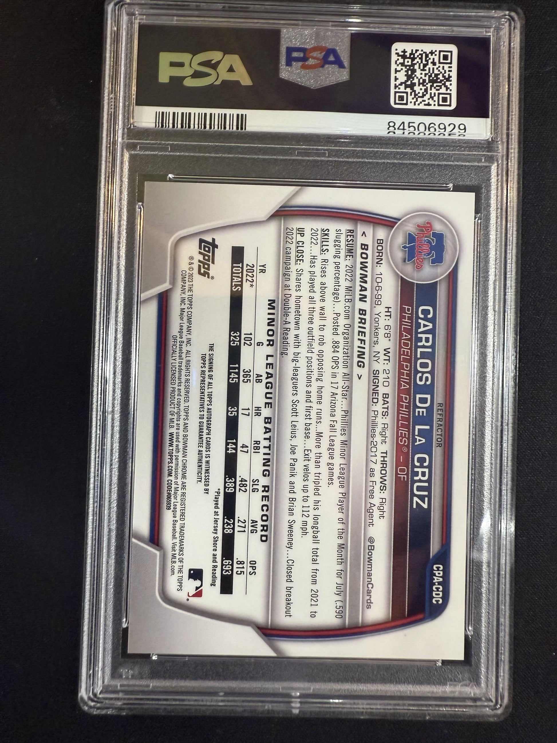 #CPA-CDC Carlos De La Cruz 2023 Bowman Chrome Auto /499 Phillies Refractor