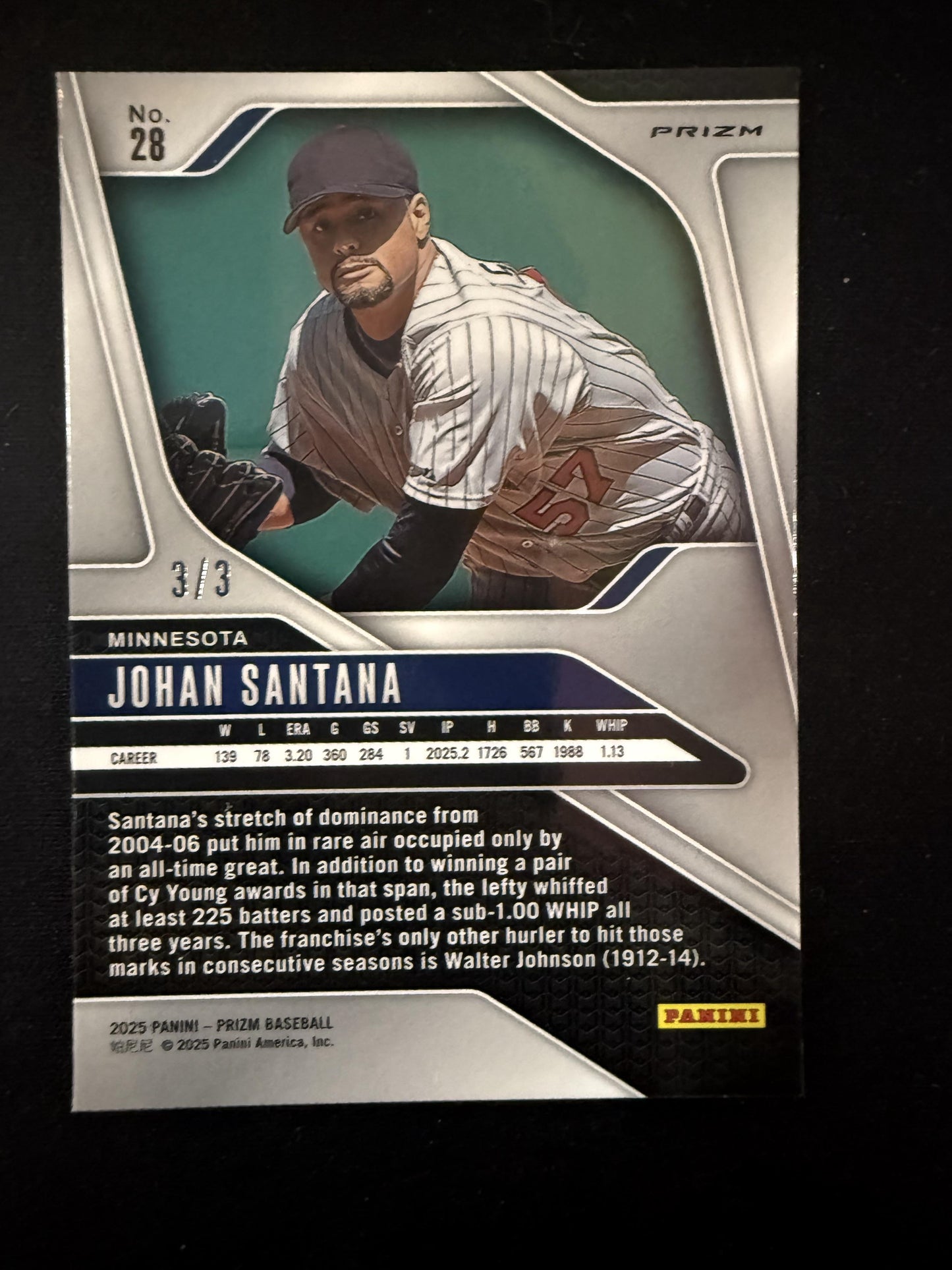 #28 Johan Santana 2025 Panini Prizm SN #/3 Twins Black Gold Shimmer FOTL