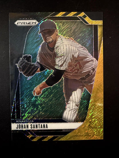 #28 Johan Santana 2025 Panini Prizm SN #/3 Twins Black Gold Shimmer FOTL