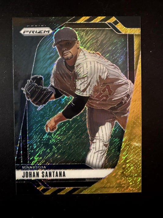 #28 Johan Santana 2025 Panini Prizm SN #/3 Twins Black Gold Shimmer FOTL