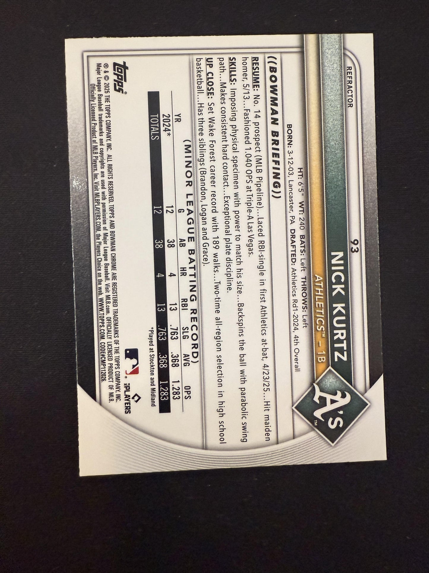 #93 NICK KURTZ 2025 BOWMAN CHROME REFRACTOR /499