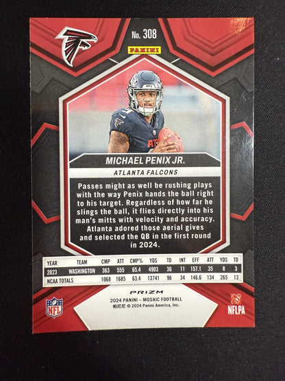 #308 Michael Penix Jr. 2024 Panini Mosaic Atlanta Falcons sports Red Sparkle