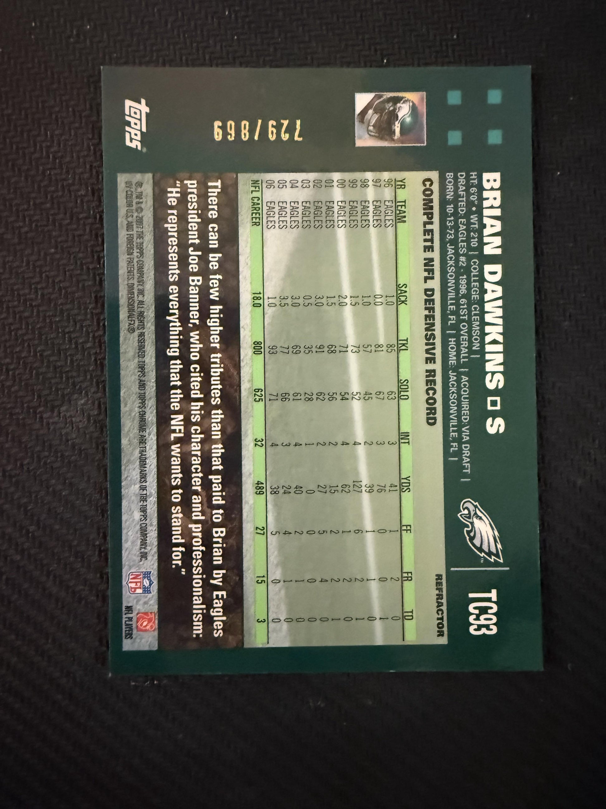 #TC93 Brian Dawkins 2007 Topps Chrome SN #/869 Eagles White Refractors