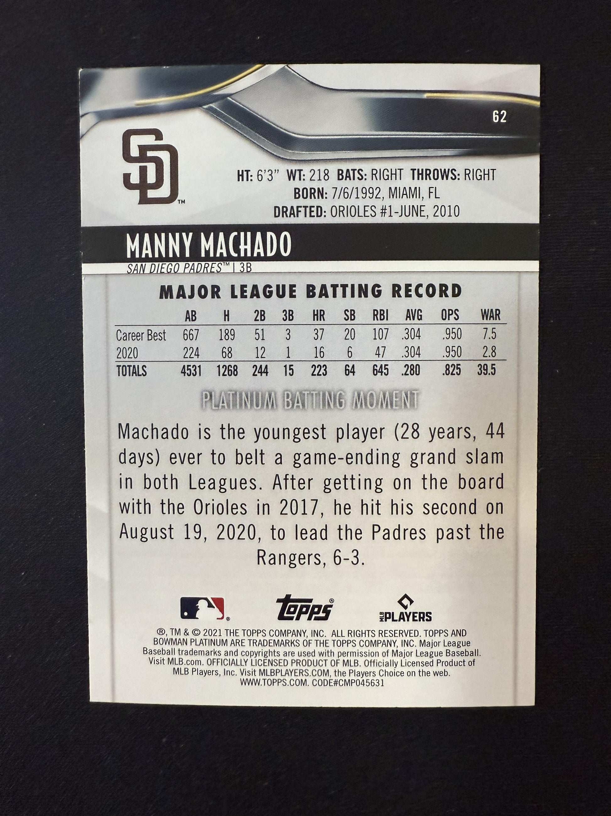 #62 Manny Machado 2021 Bowman Platinum SN #/10 San Diego Padres sports Red