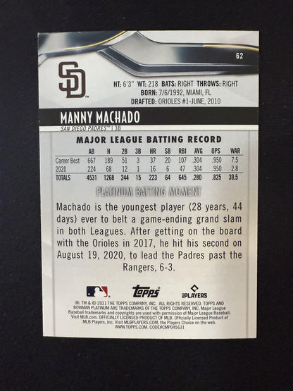 #62 Manny Machado 2021 Bowman Platinum SN #/10 San Diego Padres sports Red
