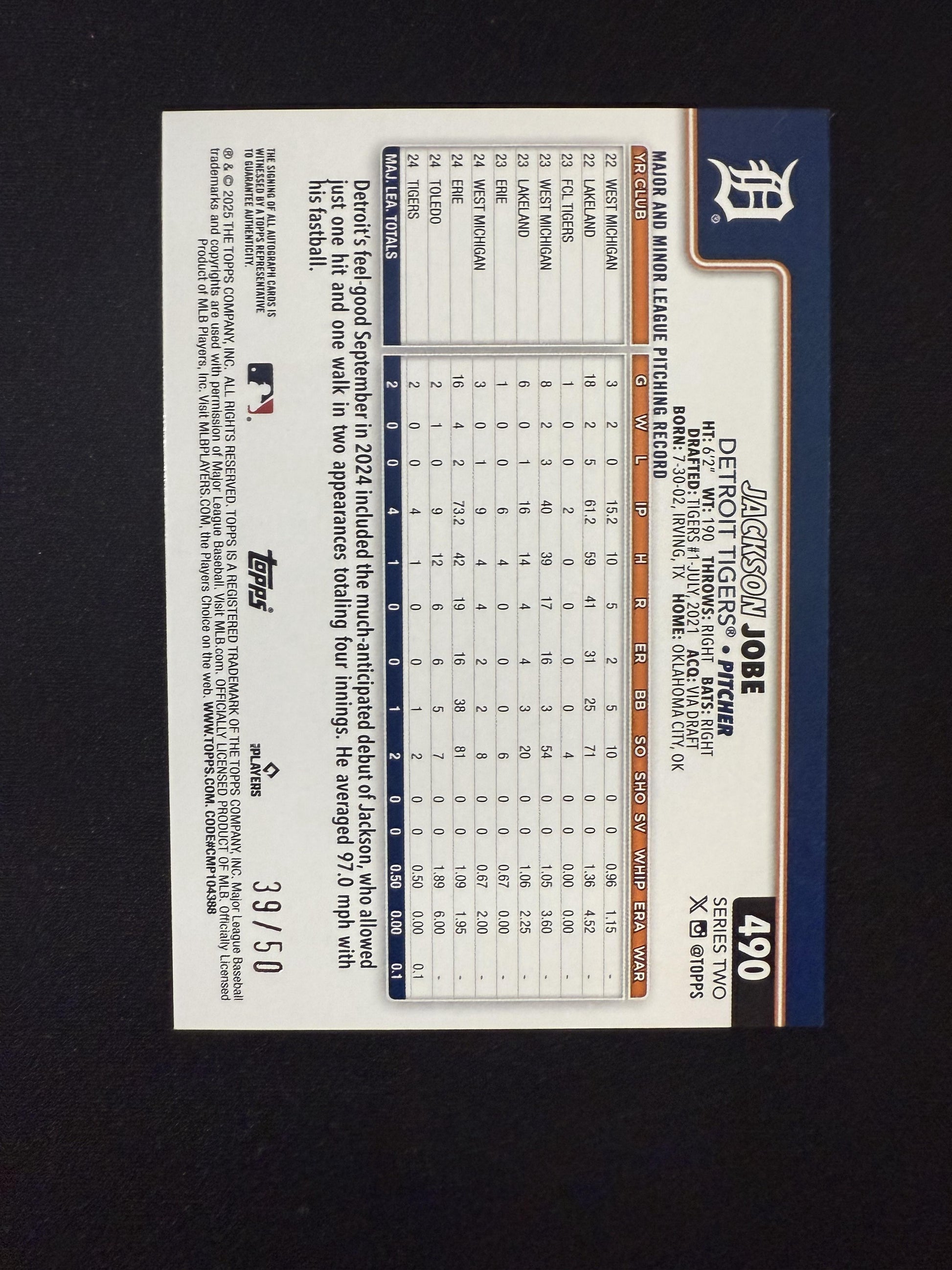 #490 Jackson Jobe 2025 Topps /50 Tigers Flagship Real One Autographs Gold Foil