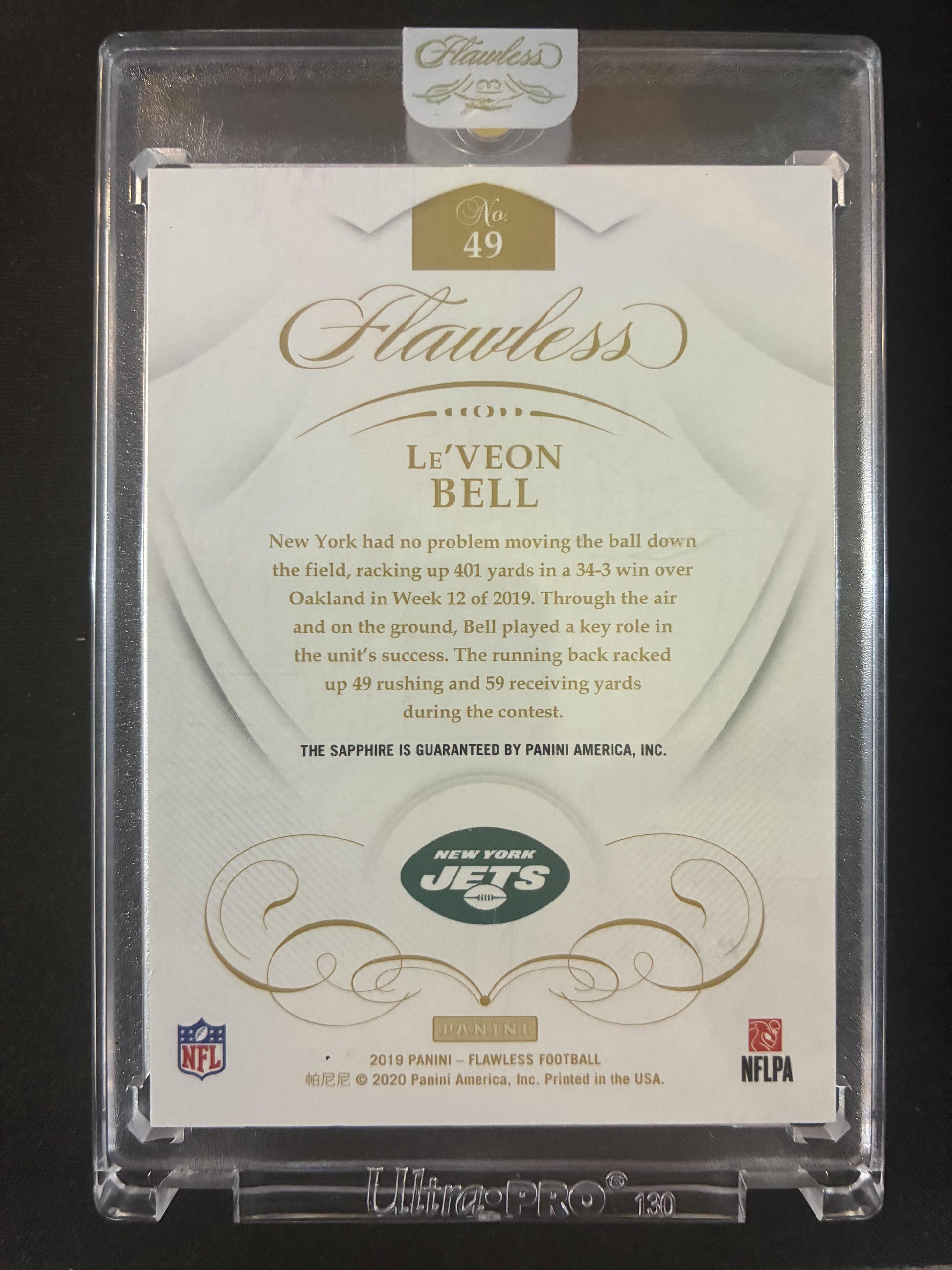 #49 Le'Veon Bell 2019 Panini Flawless SN #/10 New York Jets sports Sapphire