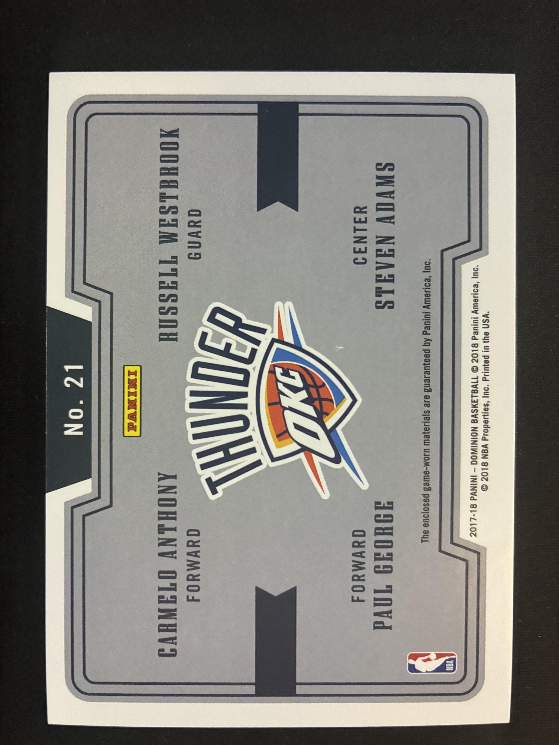 #21 ANTHONY/WESTBROOK/GEORGE/ADAMS 2017 PANINI DOMINION QUAD MATERIALS