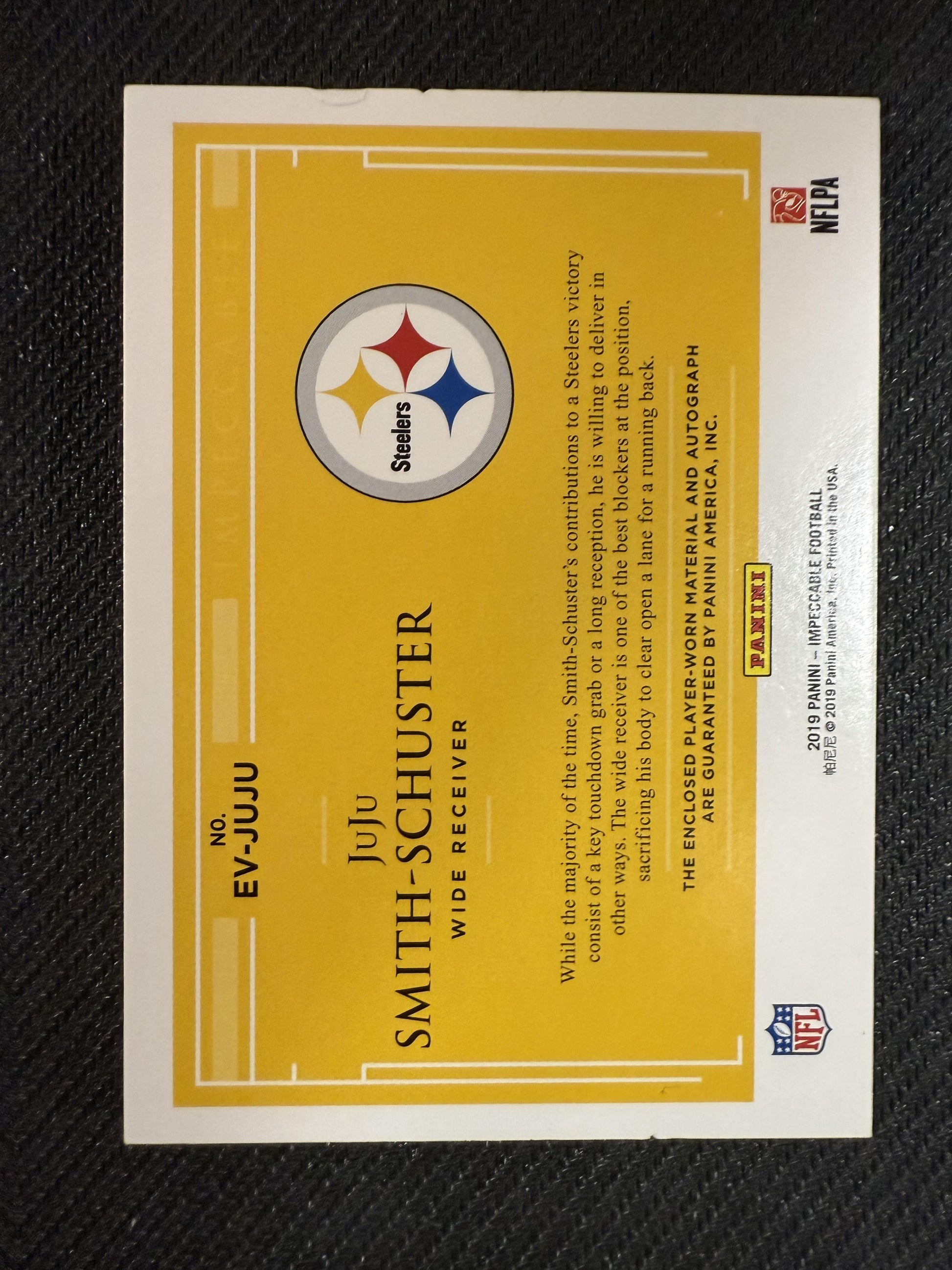 #EV-JUJU JuJu Smith-Schuster 2019 Panini Impeccable /15 Patch Autos Gold