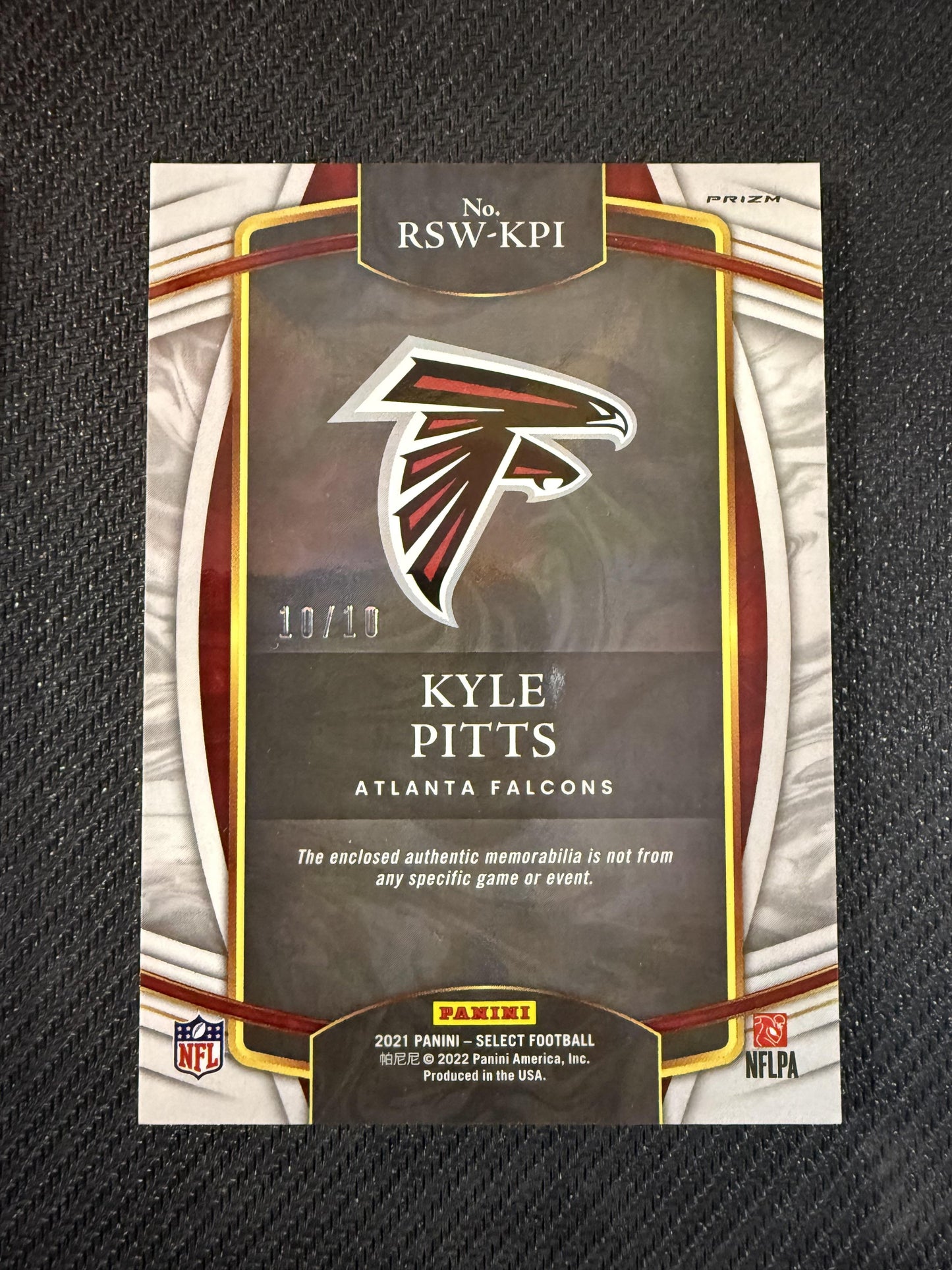 #RSW-KPI Kyle Pitts 2021 Panini Select /10 Falcons Rookie Swatches Gold Prizm