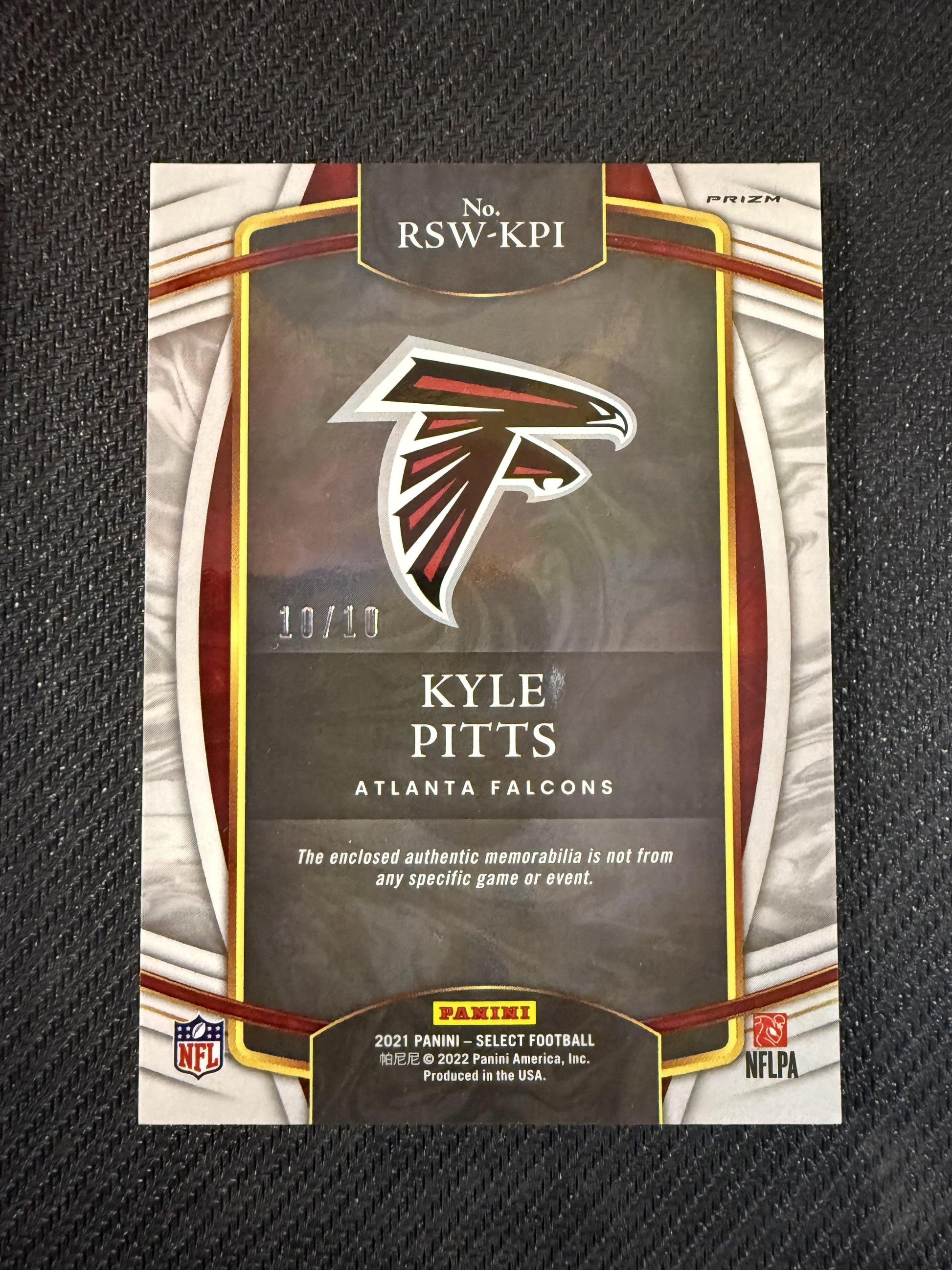 #RSW-KPI Kyle Pitts 2021 Panini Select /10 Falcons Rookie Swatches Gold Prizm