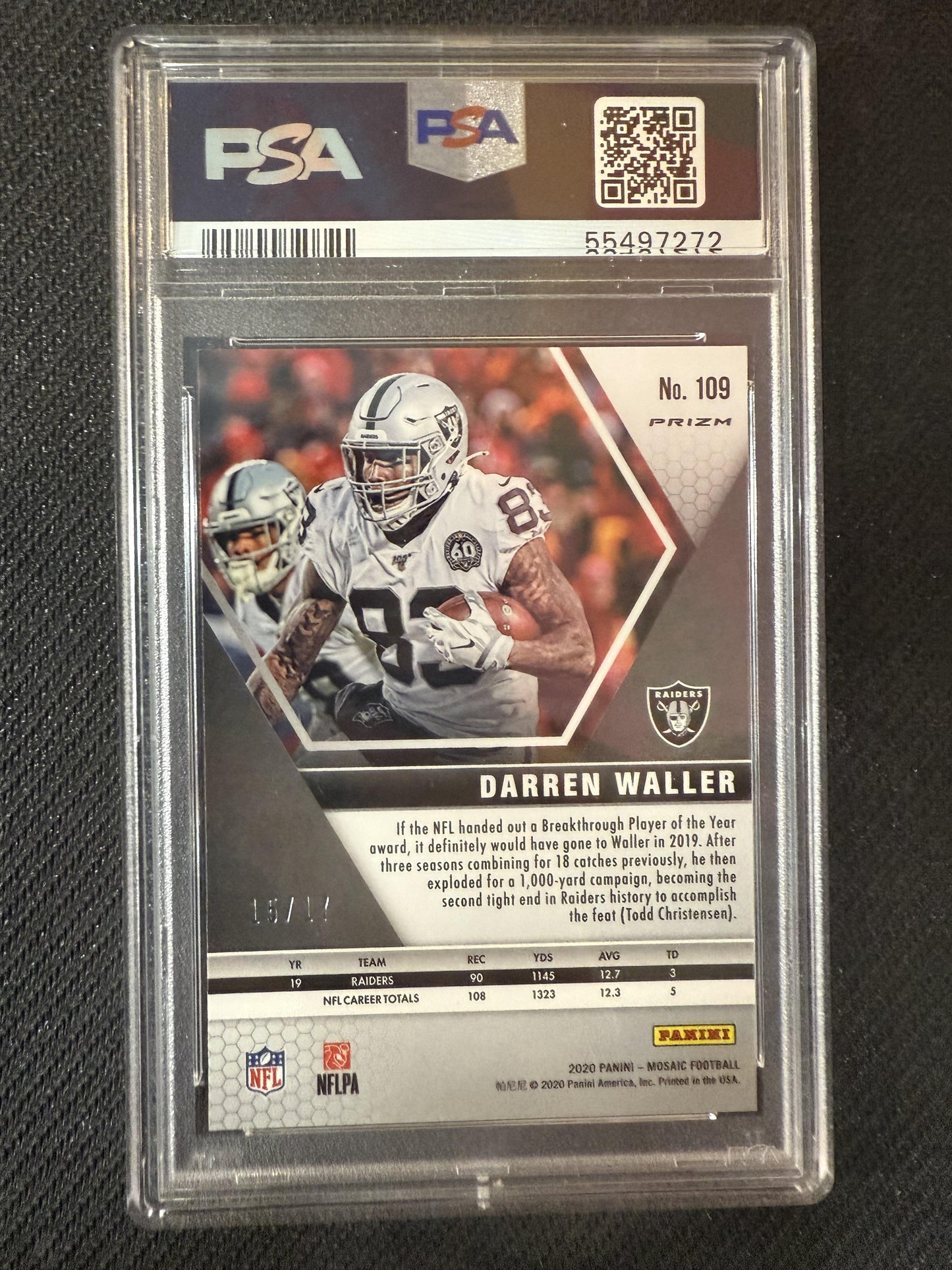#109 Darren Waller 2020 Panini Mosaic SN #/17 Las Vegas Raiders Prizm Gold Wave